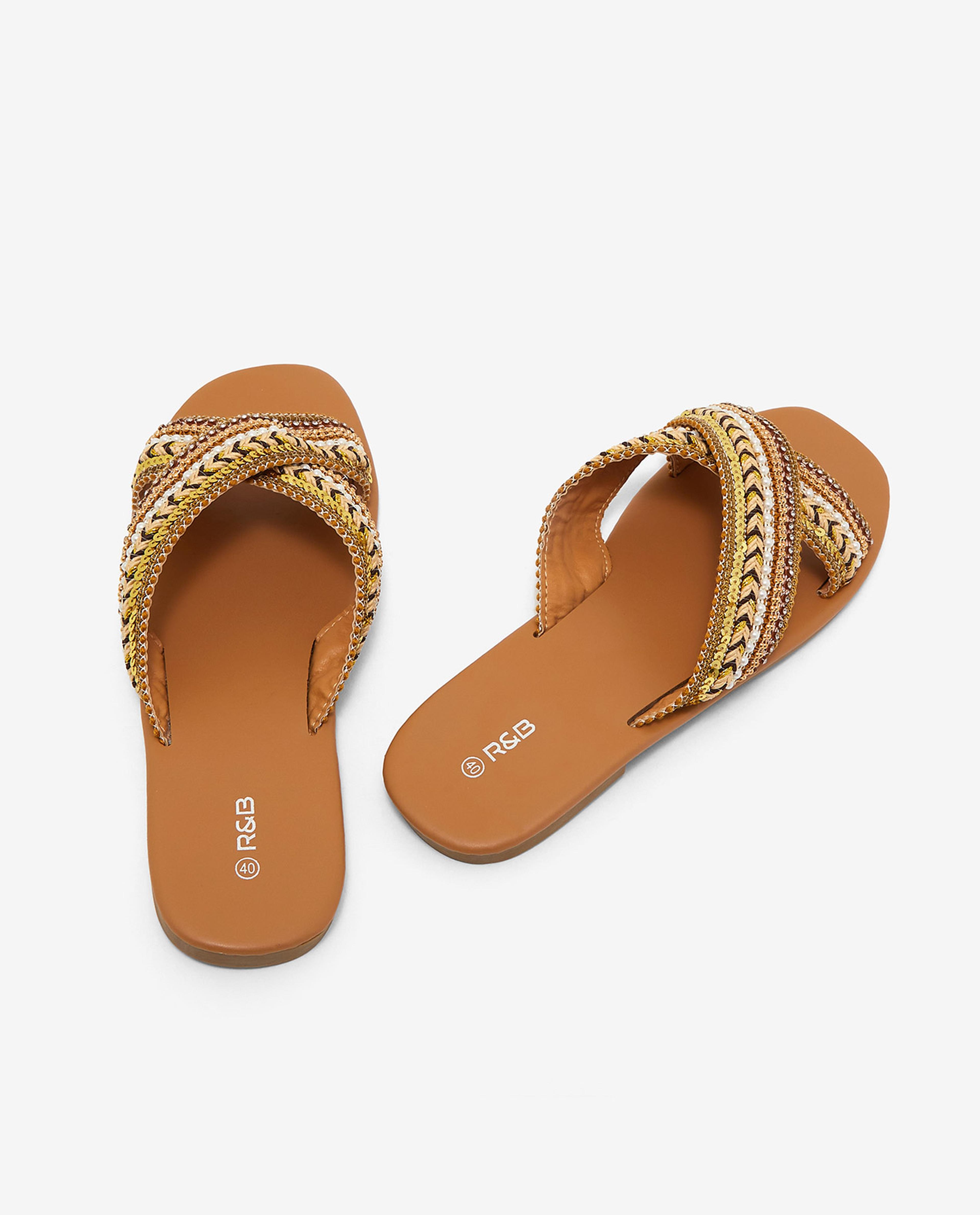 Embroidered Open-Toe Flat Sandals