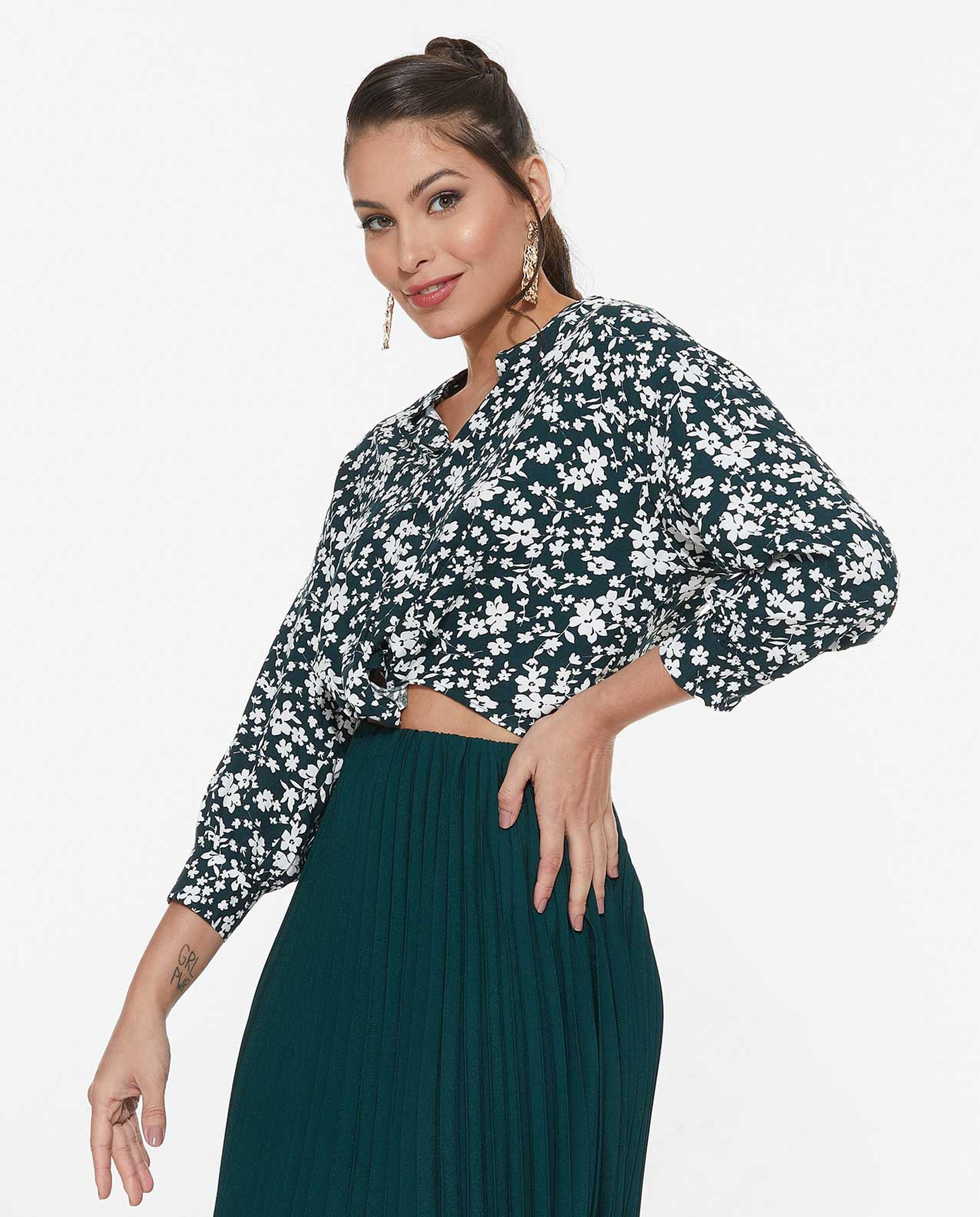 Floral Top with Stand Collar and Long Sleeves