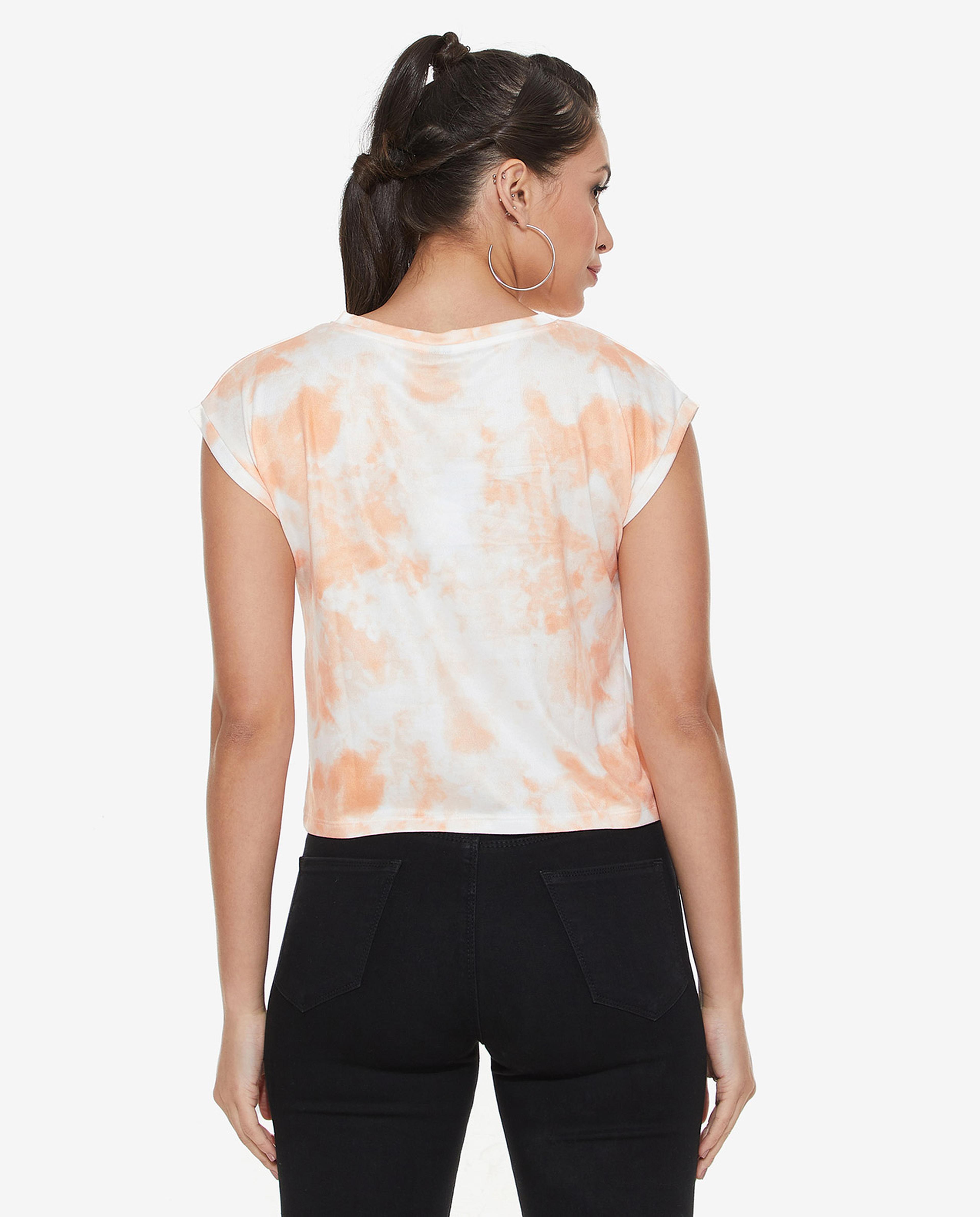 Typography Printed T-Shirt with Crew Neck and  Cap Sleeves