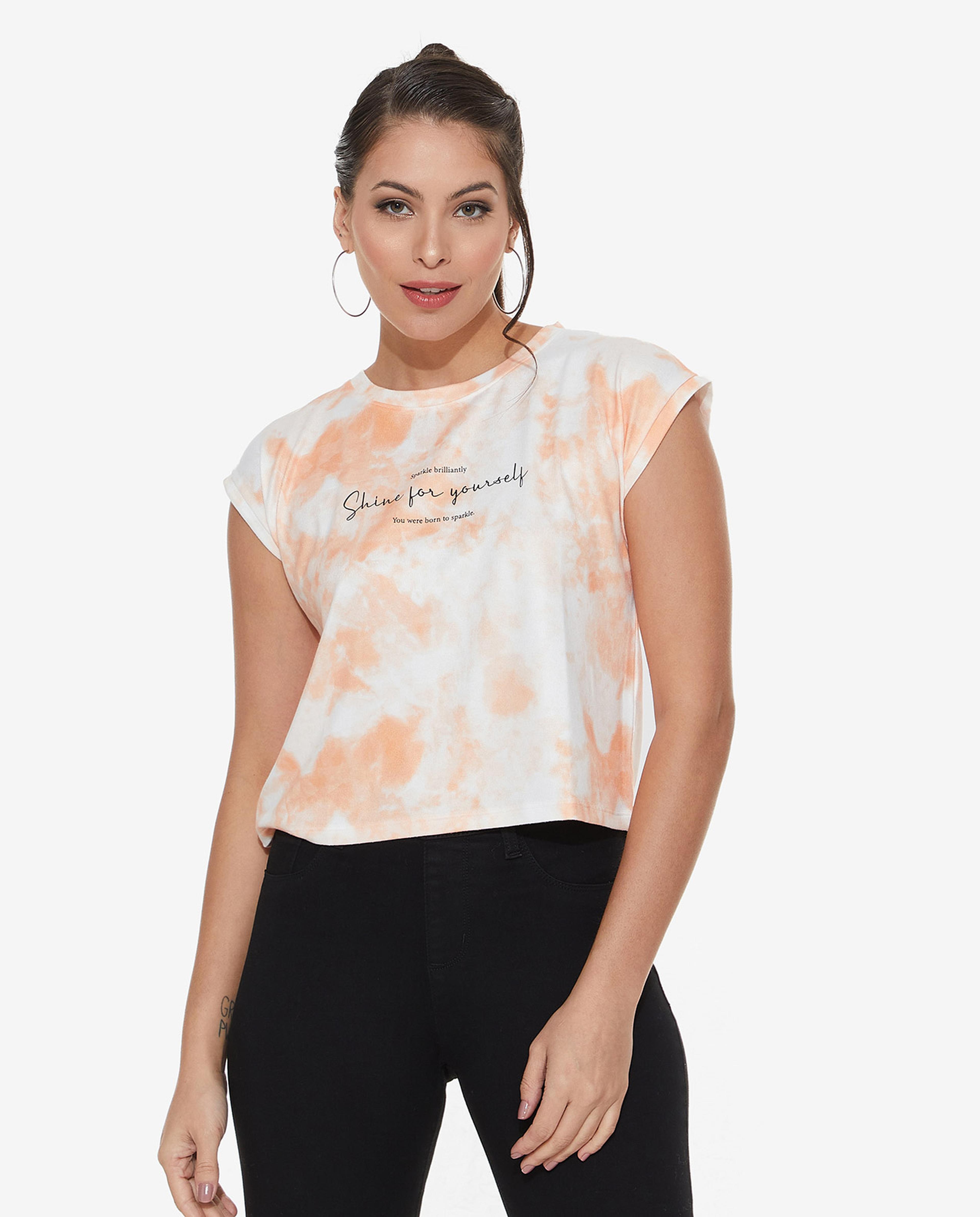 Typography Printed T-Shirt with Crew Neck and  Cap Sleeves