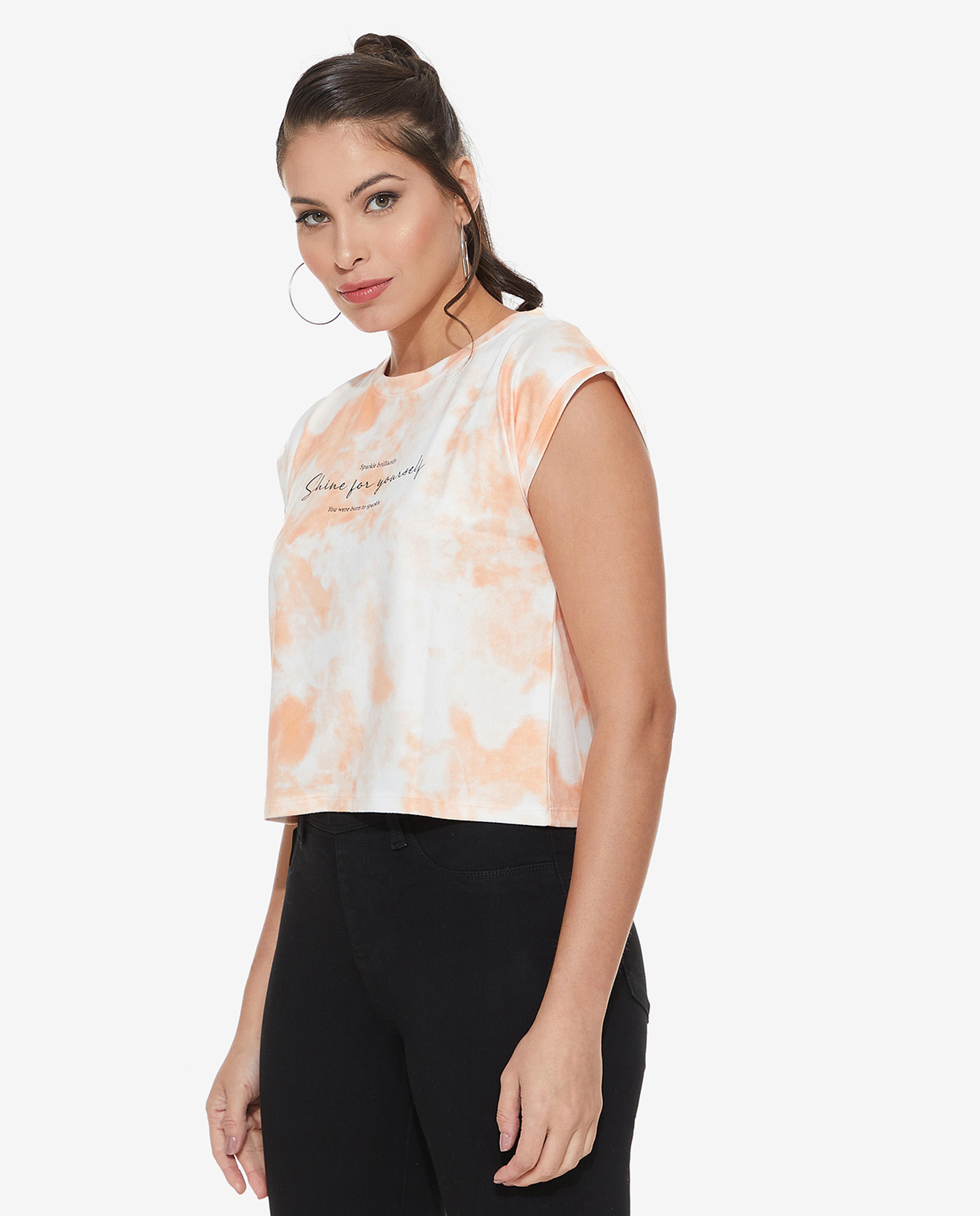 Typography Printed T-Shirt with Crew Neck and  Cap Sleeves