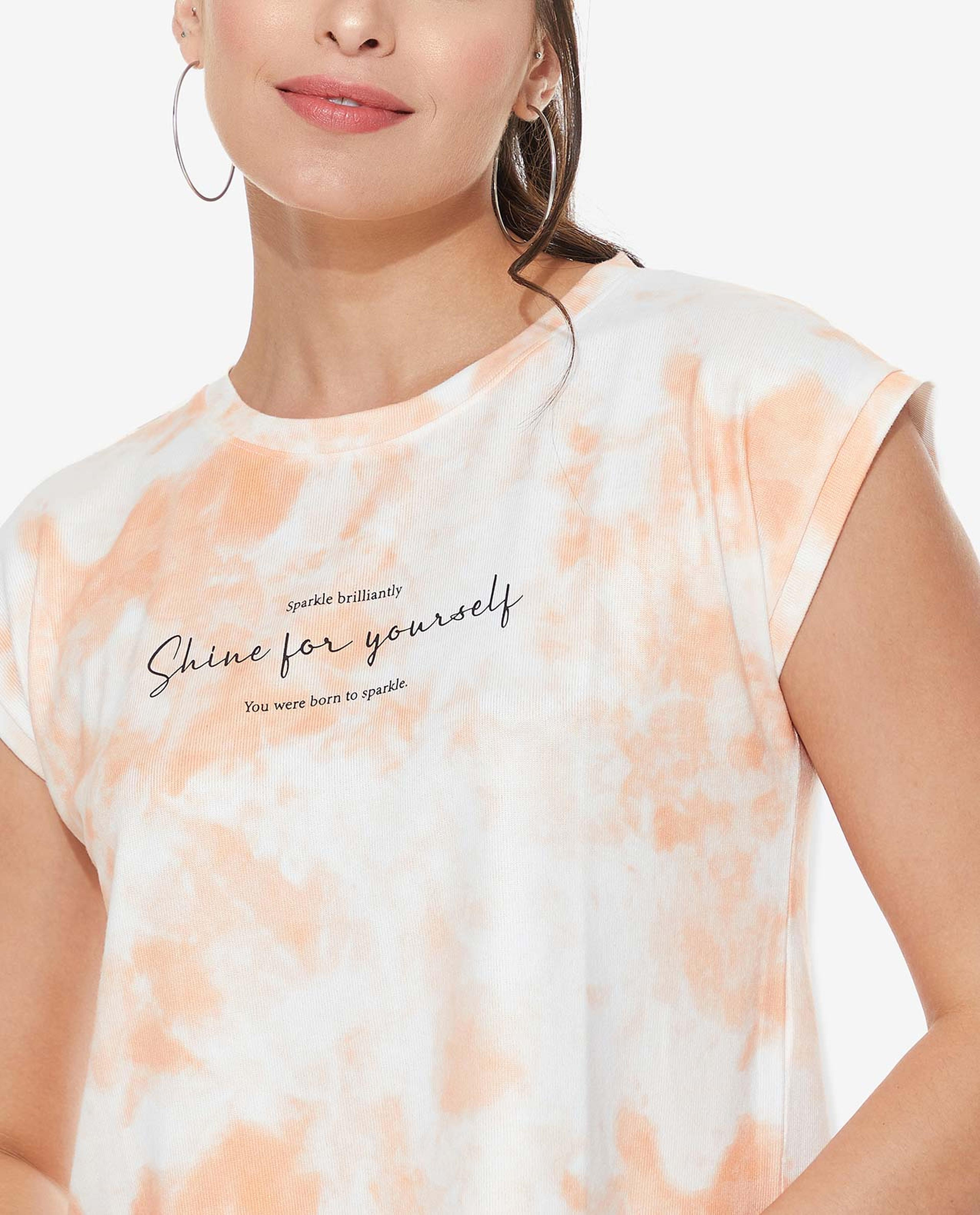 Typography Printed T-Shirt with Crew Neck and Cap Sleeves