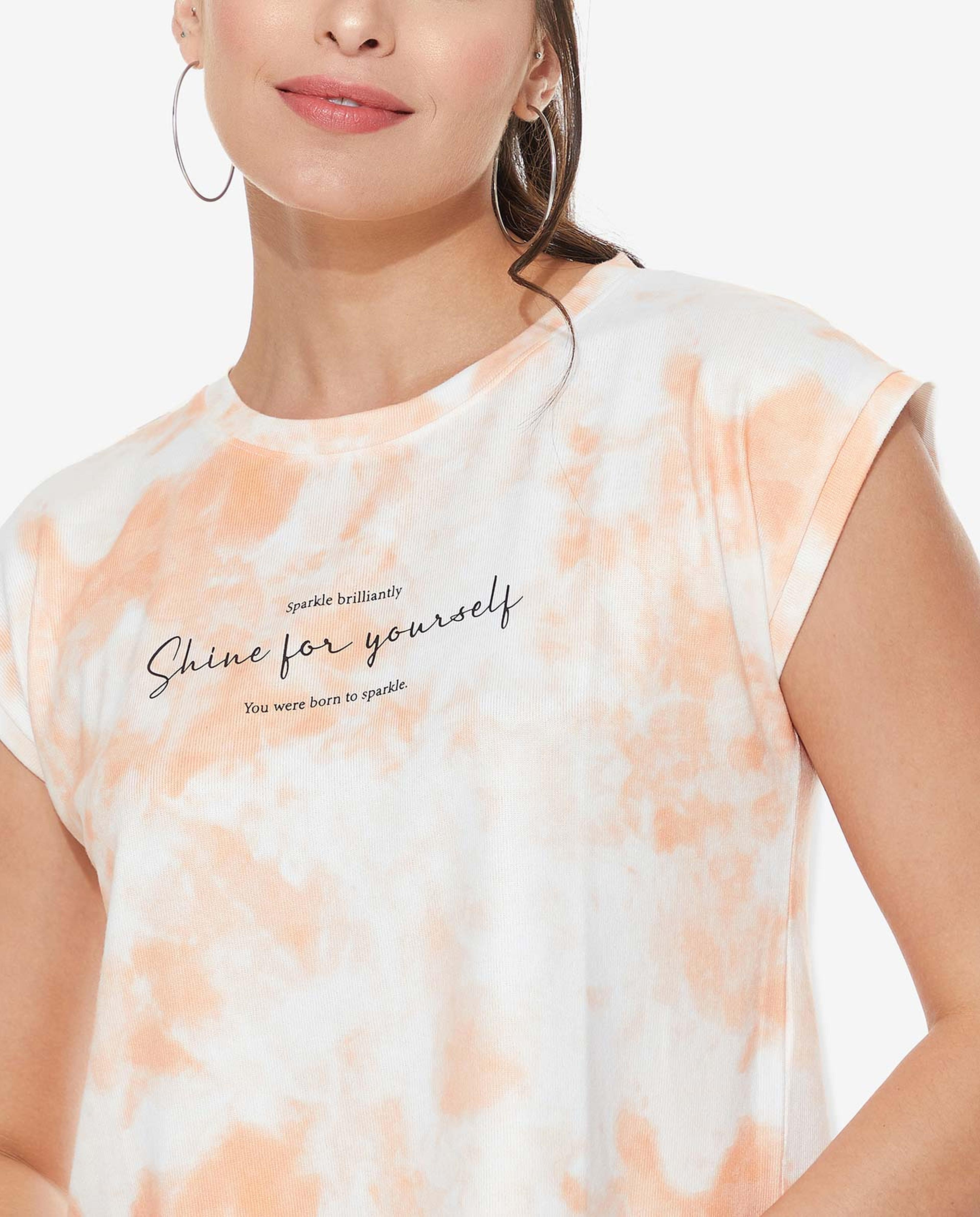 Typography Printed T-Shirt with Crew Neck and  Cap Sleeves