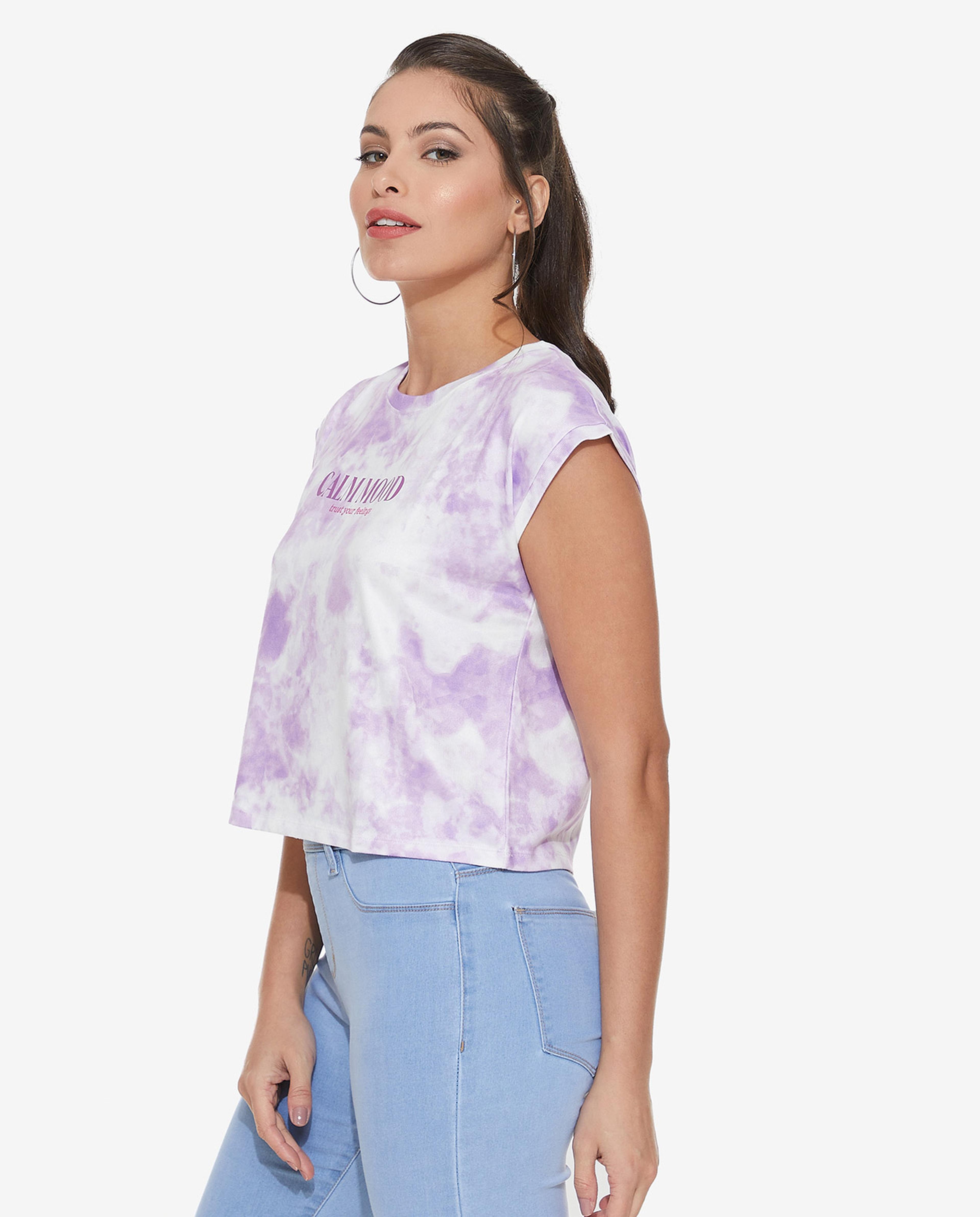 Typography Printed T-Shirt with Crew Neck and  Cap Sleeves