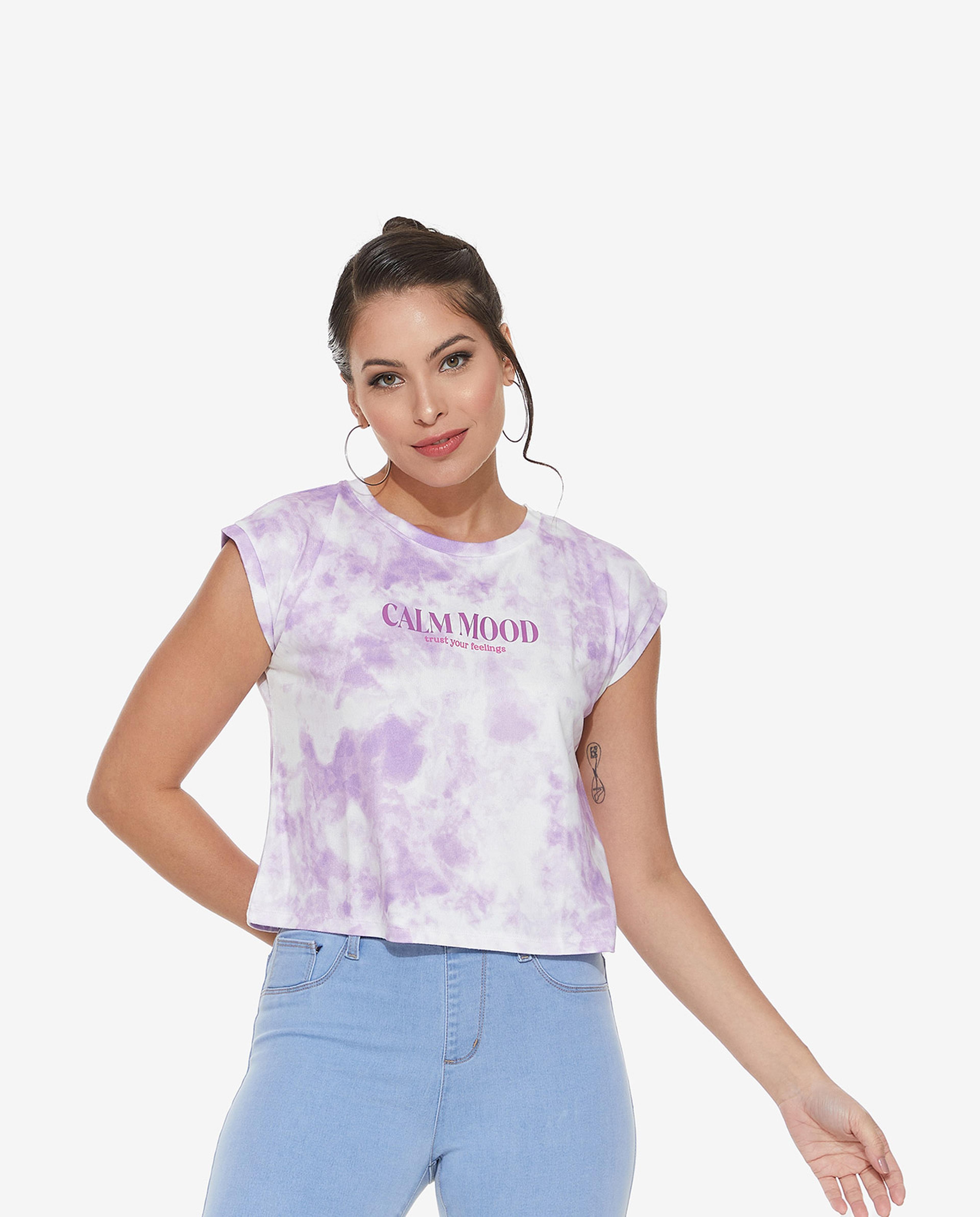 Typography Printed T-Shirt with Crew Neck and  Cap Sleeves