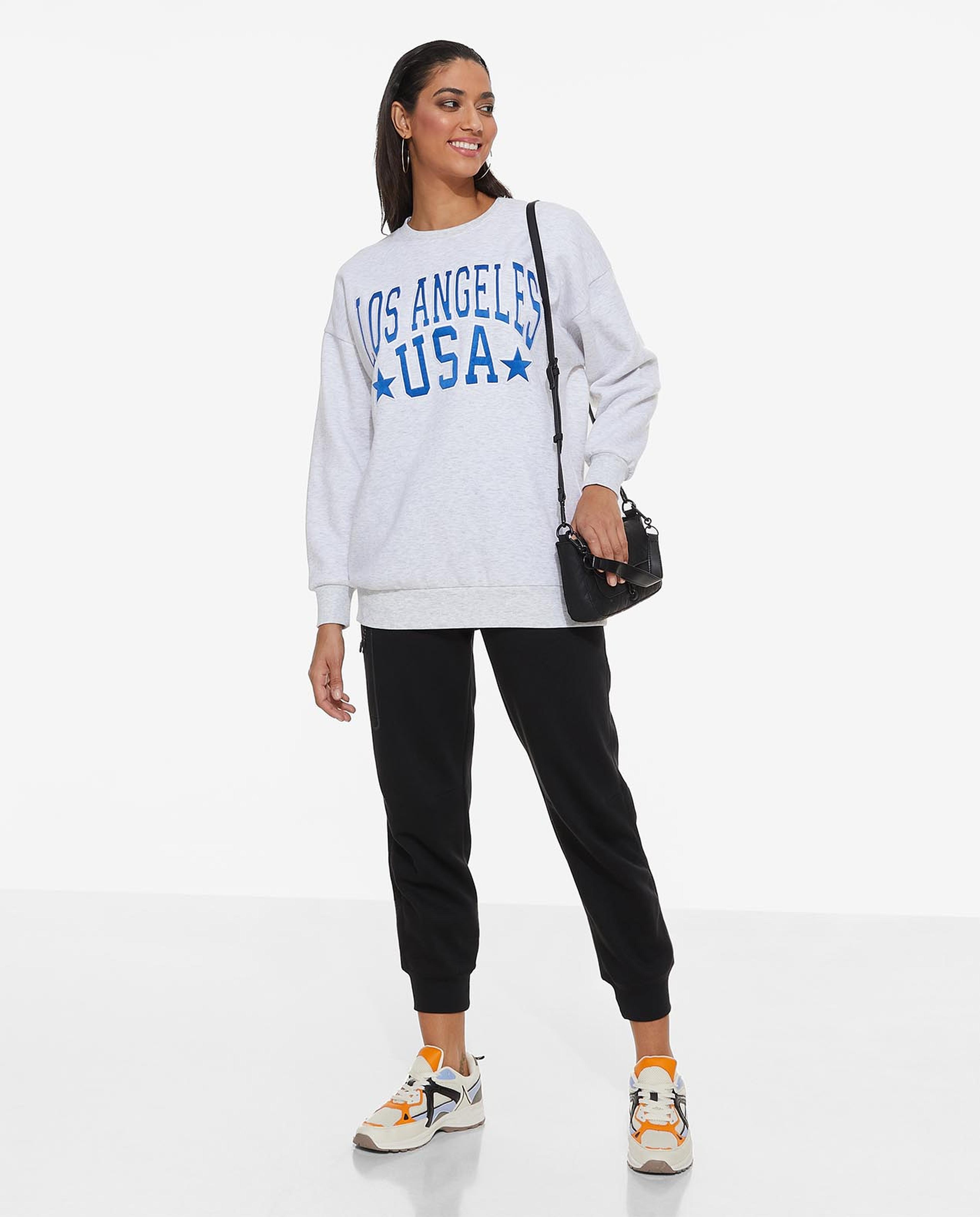 Typography Printed Sweatshirt with Crew Neck and Long Sleeves
