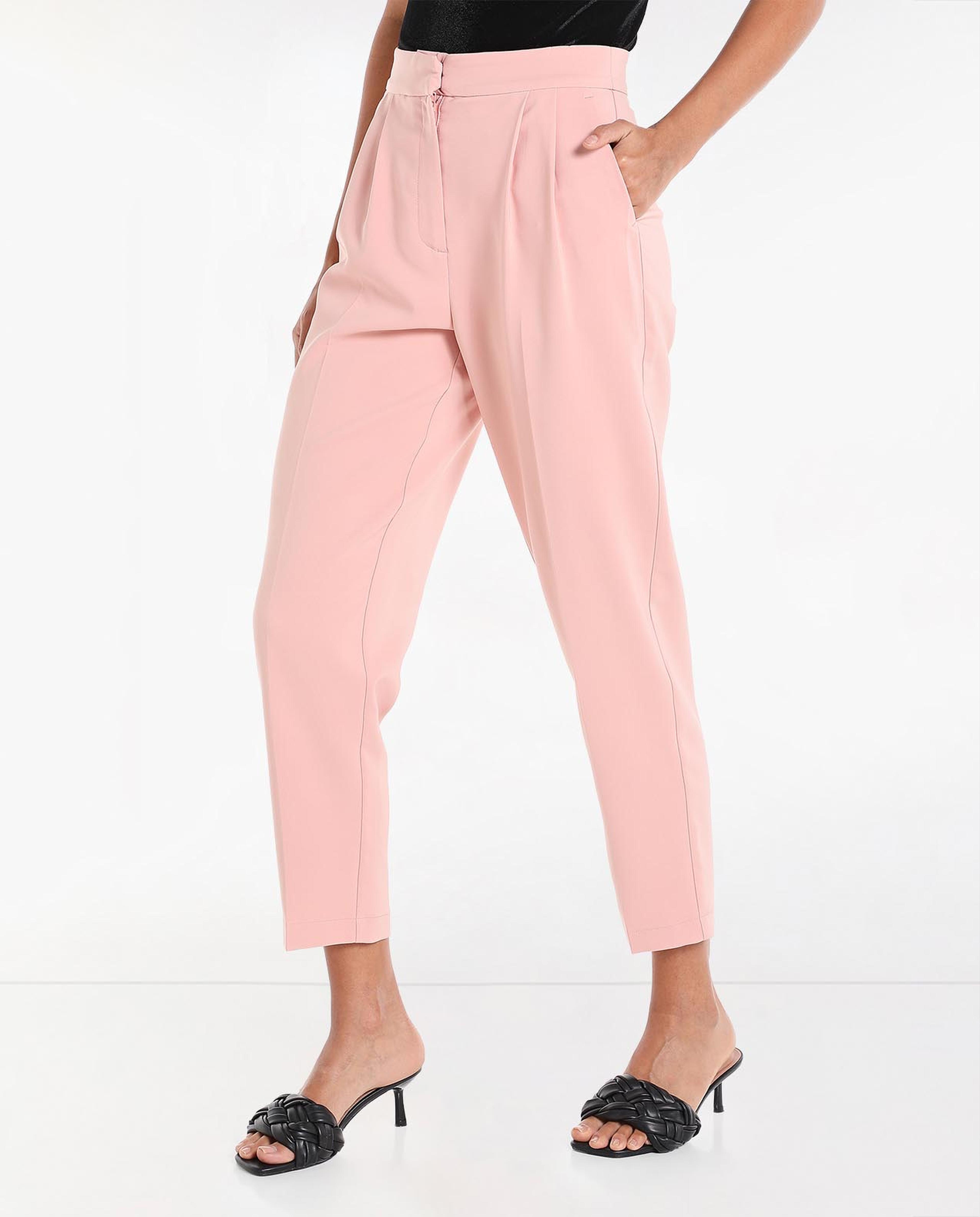 Solid Pleated Trousers with Button Closure