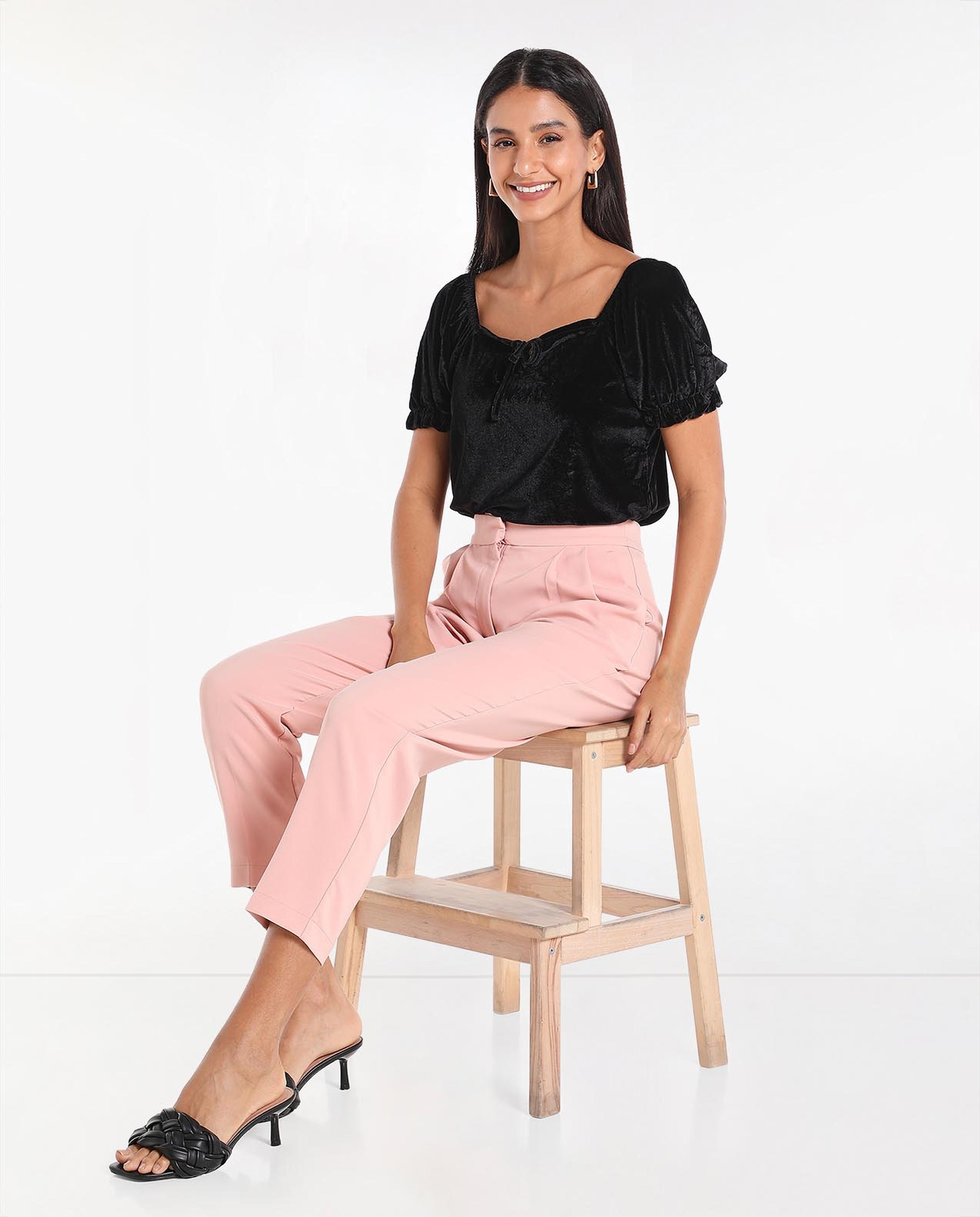 Solid Pleated Trousers with Button Closure