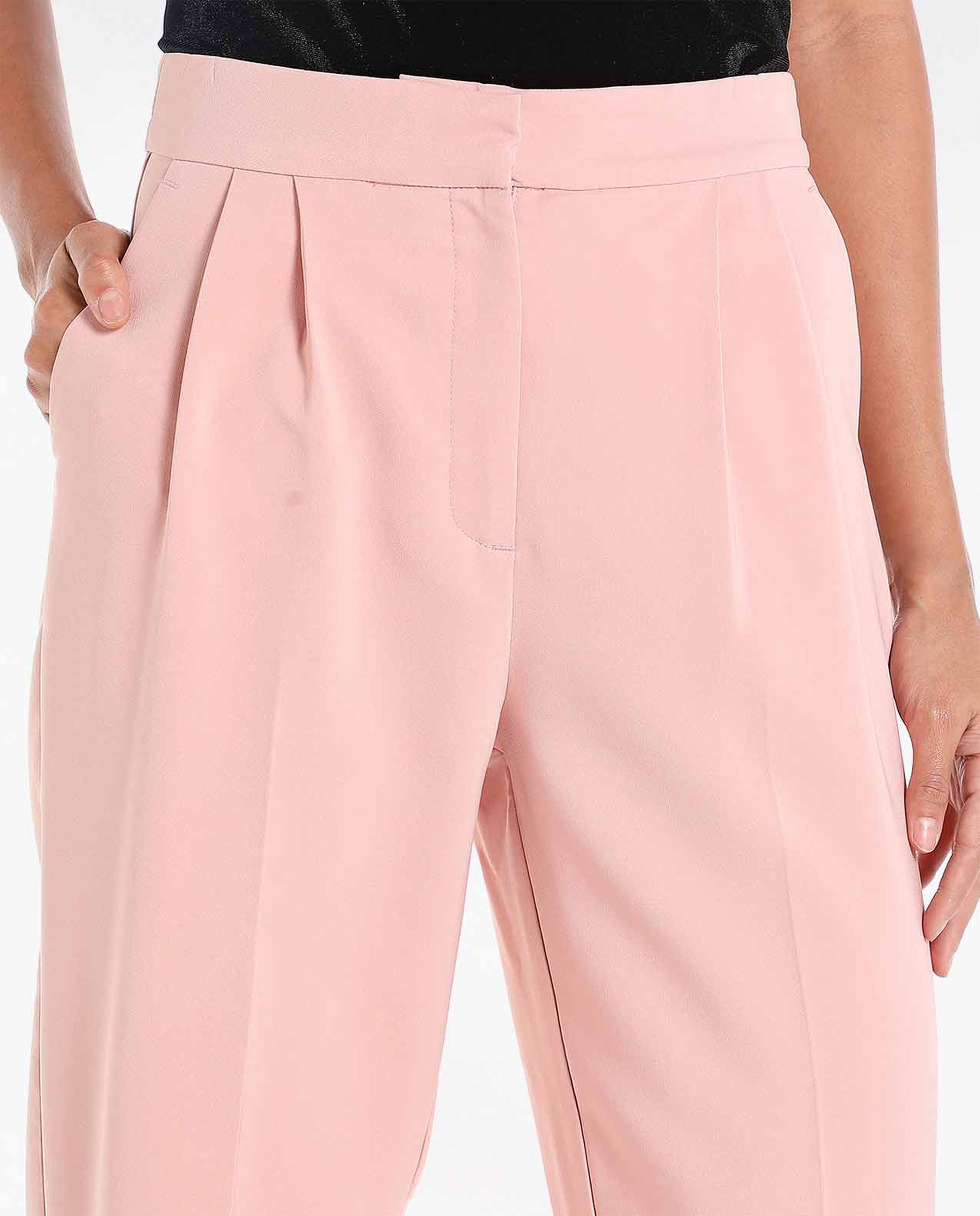Solid Pleated Trousers with Button Closure
