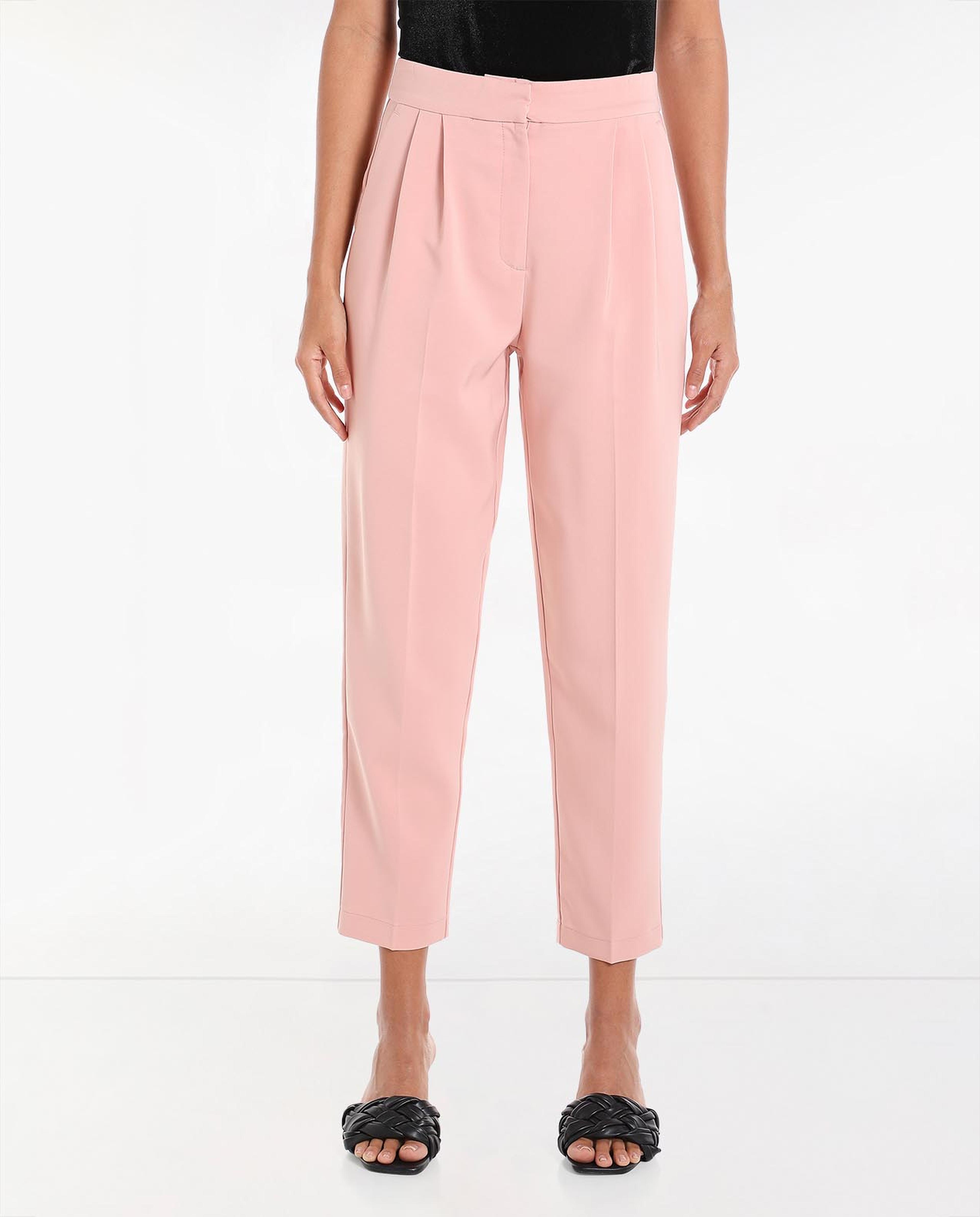Solid Pleated Trousers with Button Closure