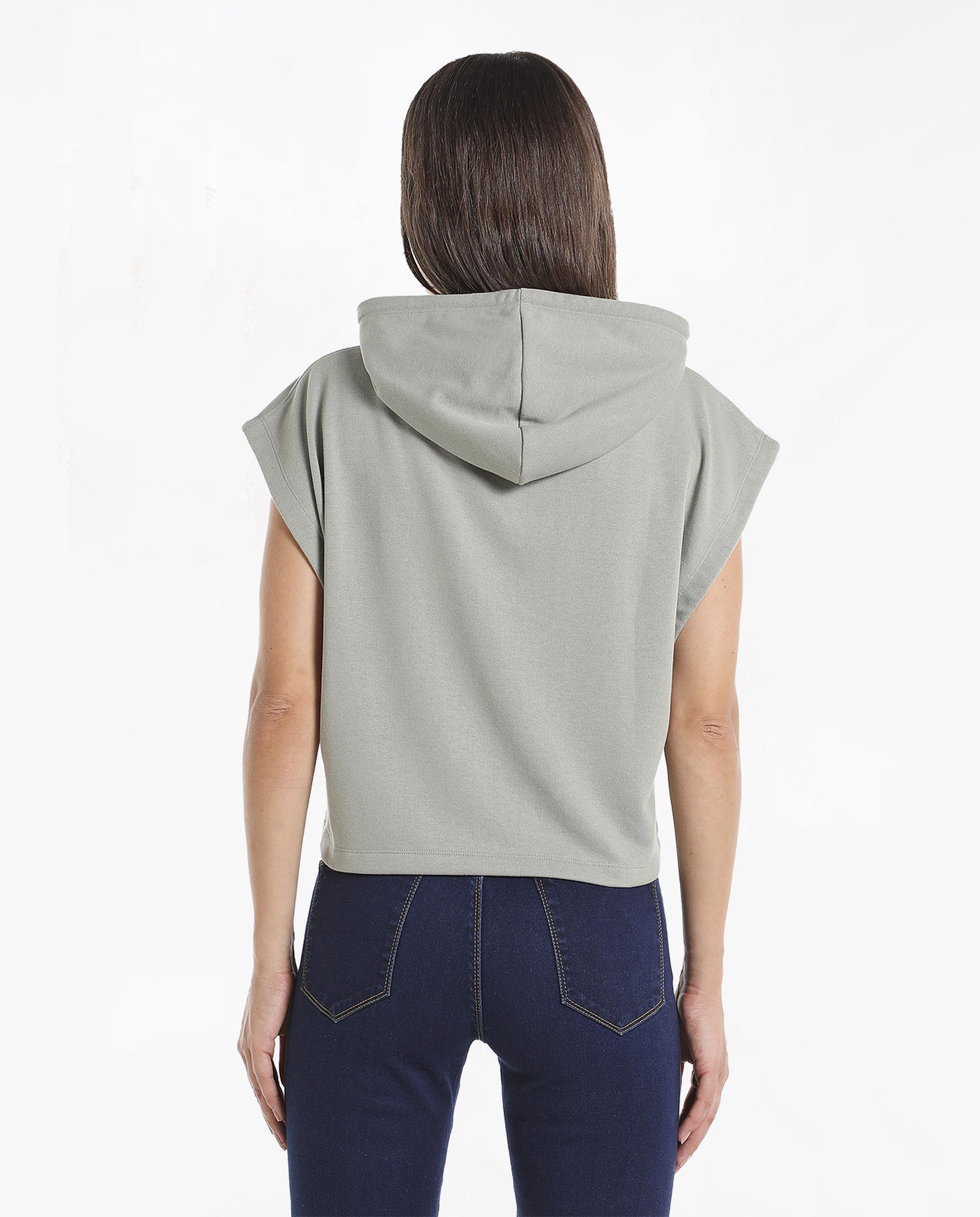 Solid Sweater with Hooded Neck and Cap Sleeves