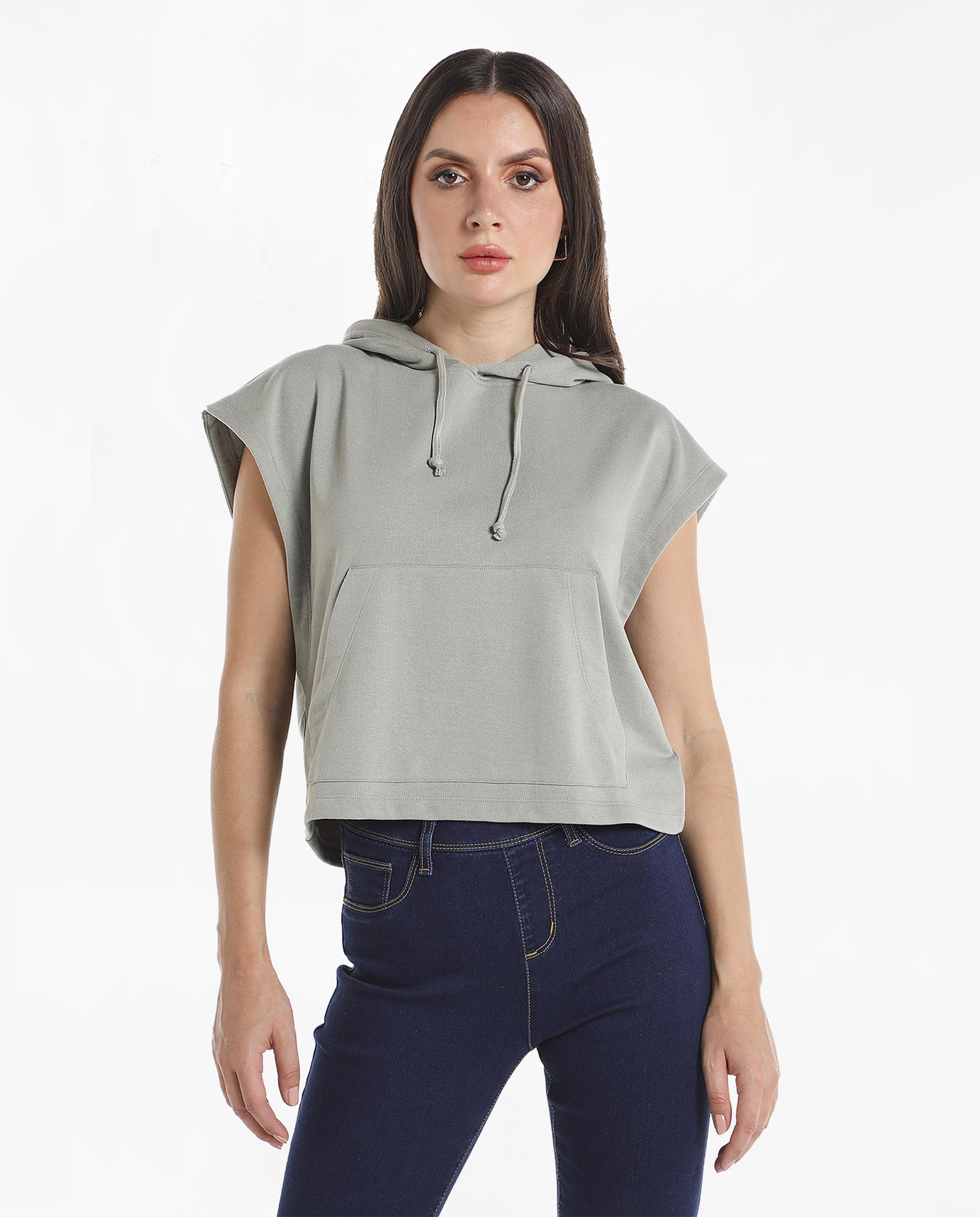 Solid Sweater with Hooded Neck and Cap Sleeves