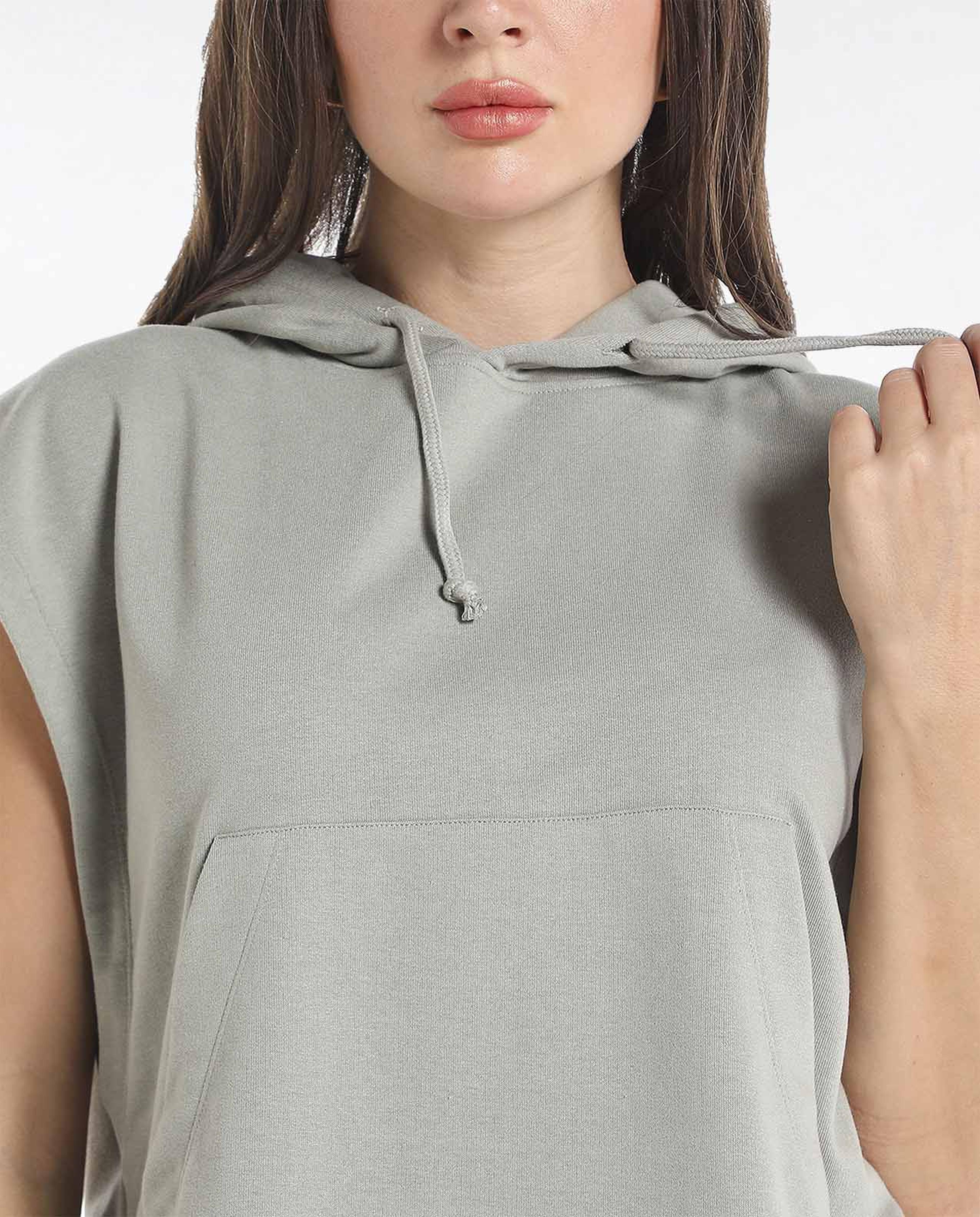 Solid Sweater with Hooded Neck and Cap Sleeves