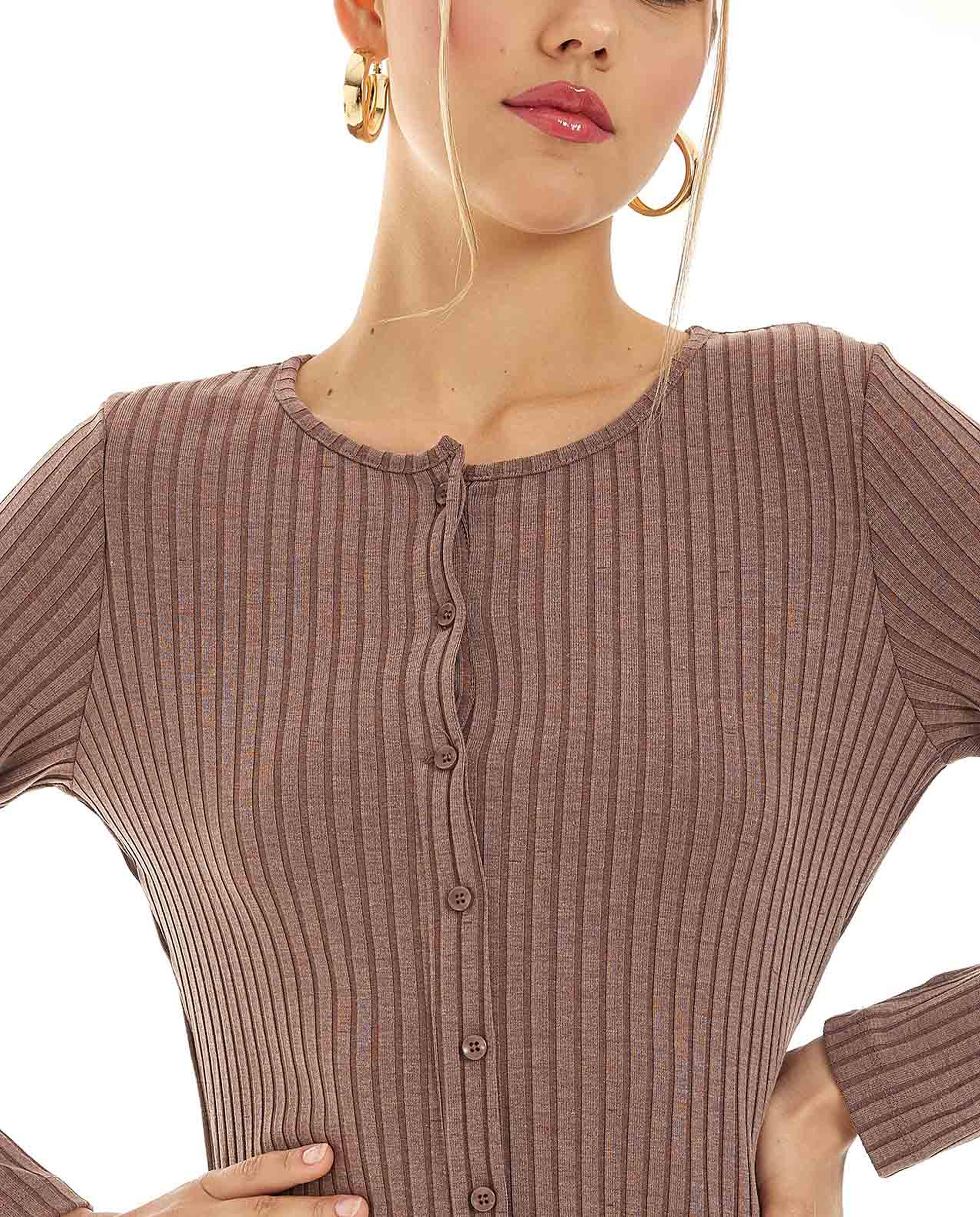 Ribbed Dress with Button- Front