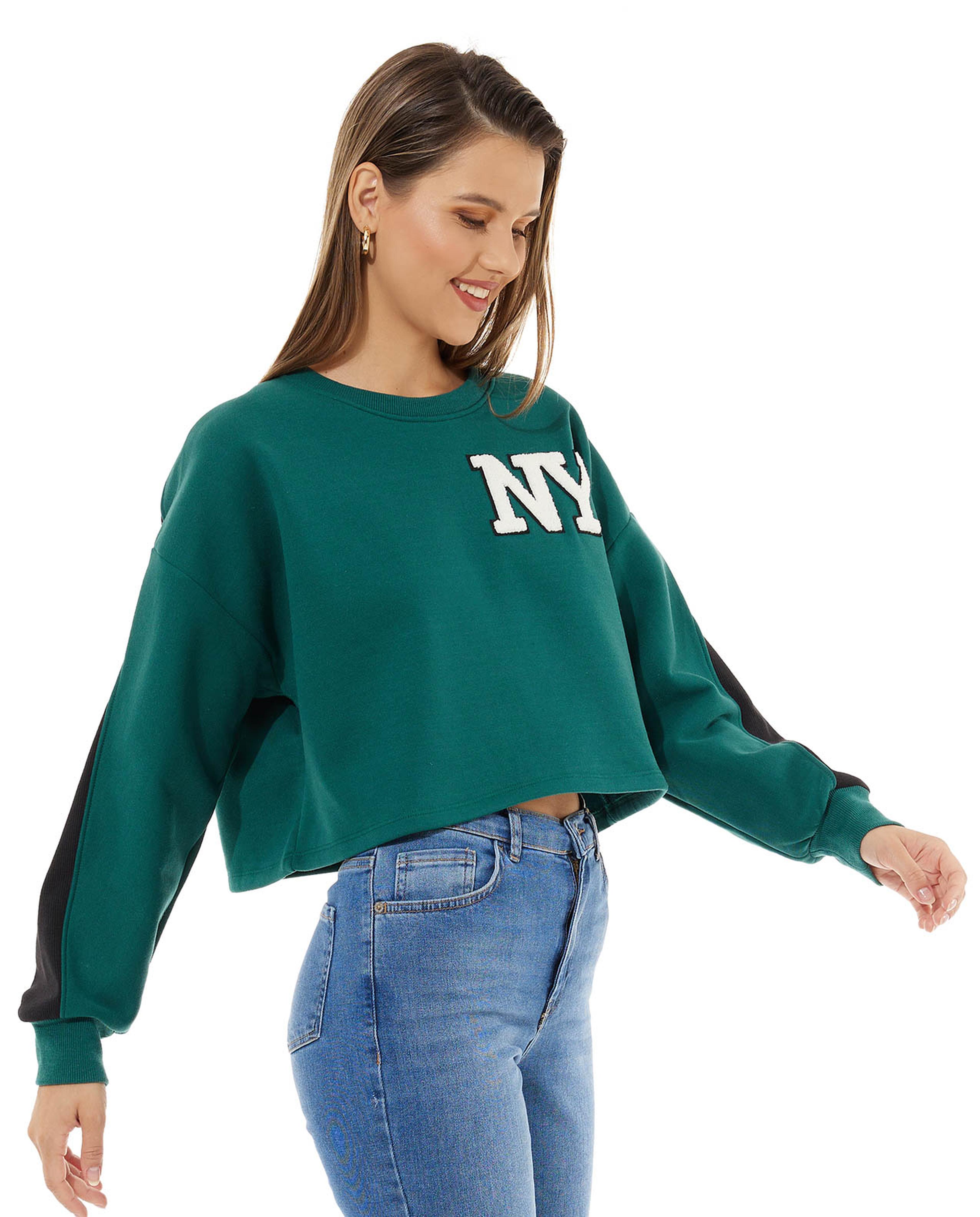 Embroidery Detail Sweatshirt with Crew Neck and Long Sleeves