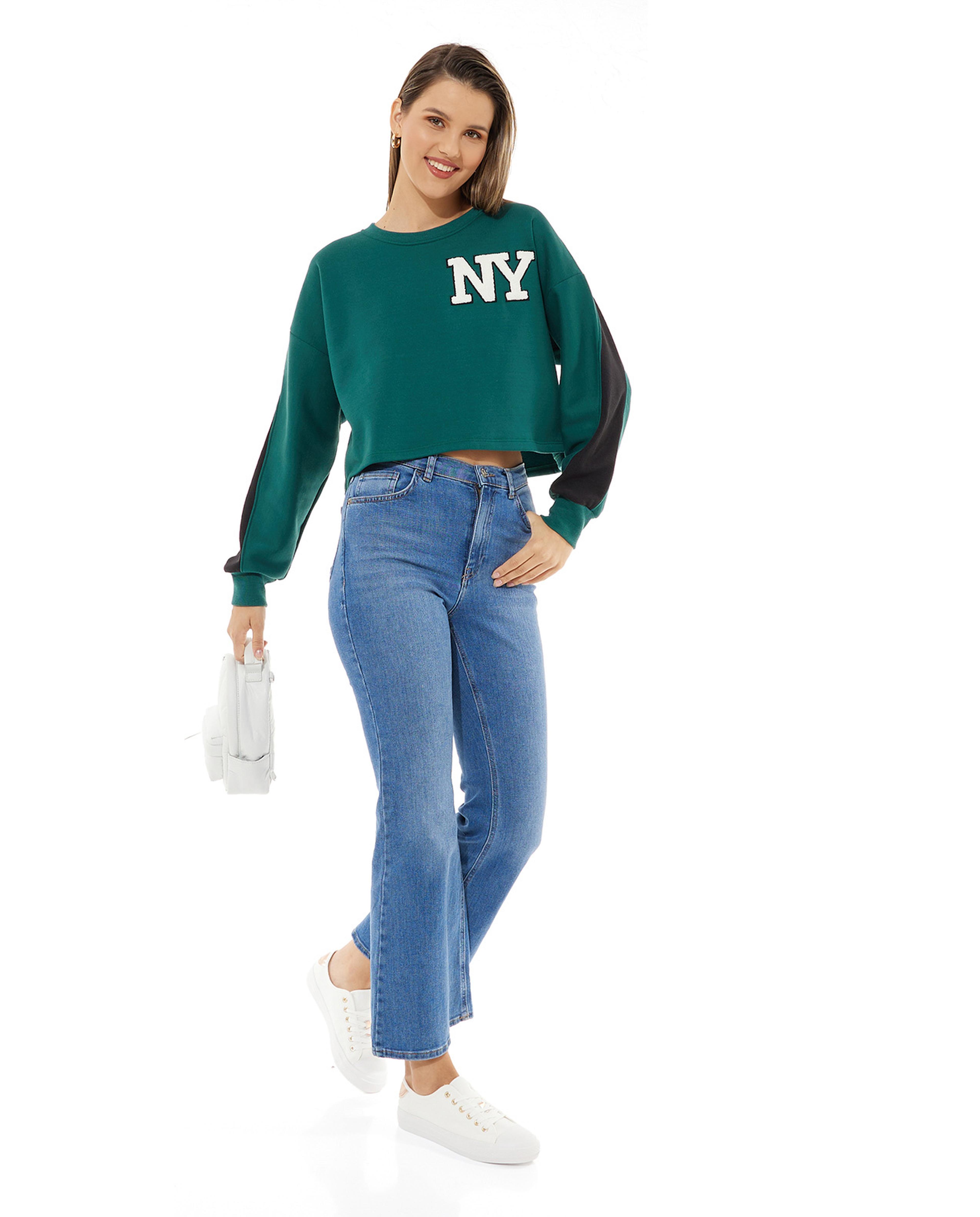 Embroidery Detail Sweatshirt with Crew Neck and Long Sleeves