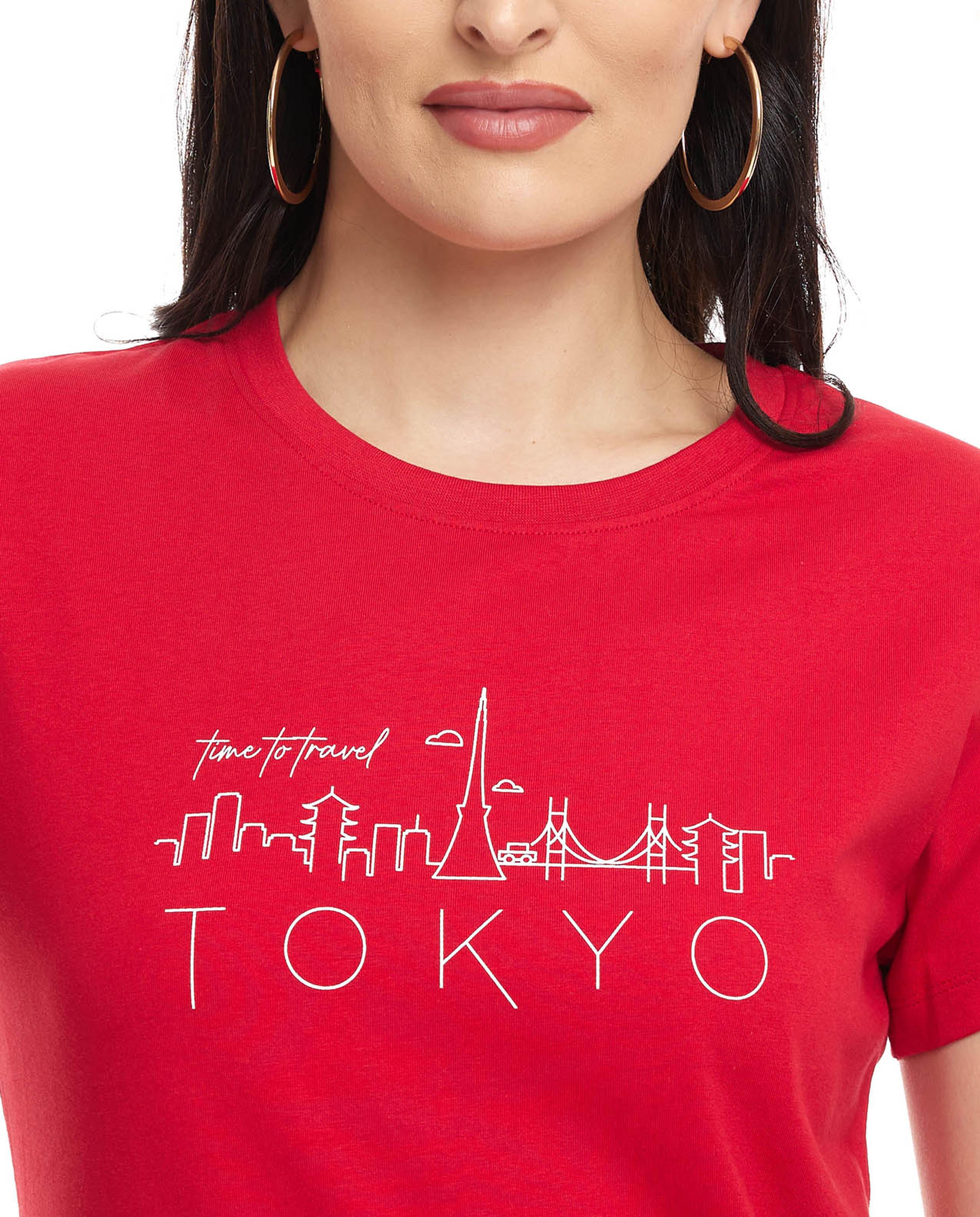 Typography Print T-Shirt with Crew Neck and Short Sleeves