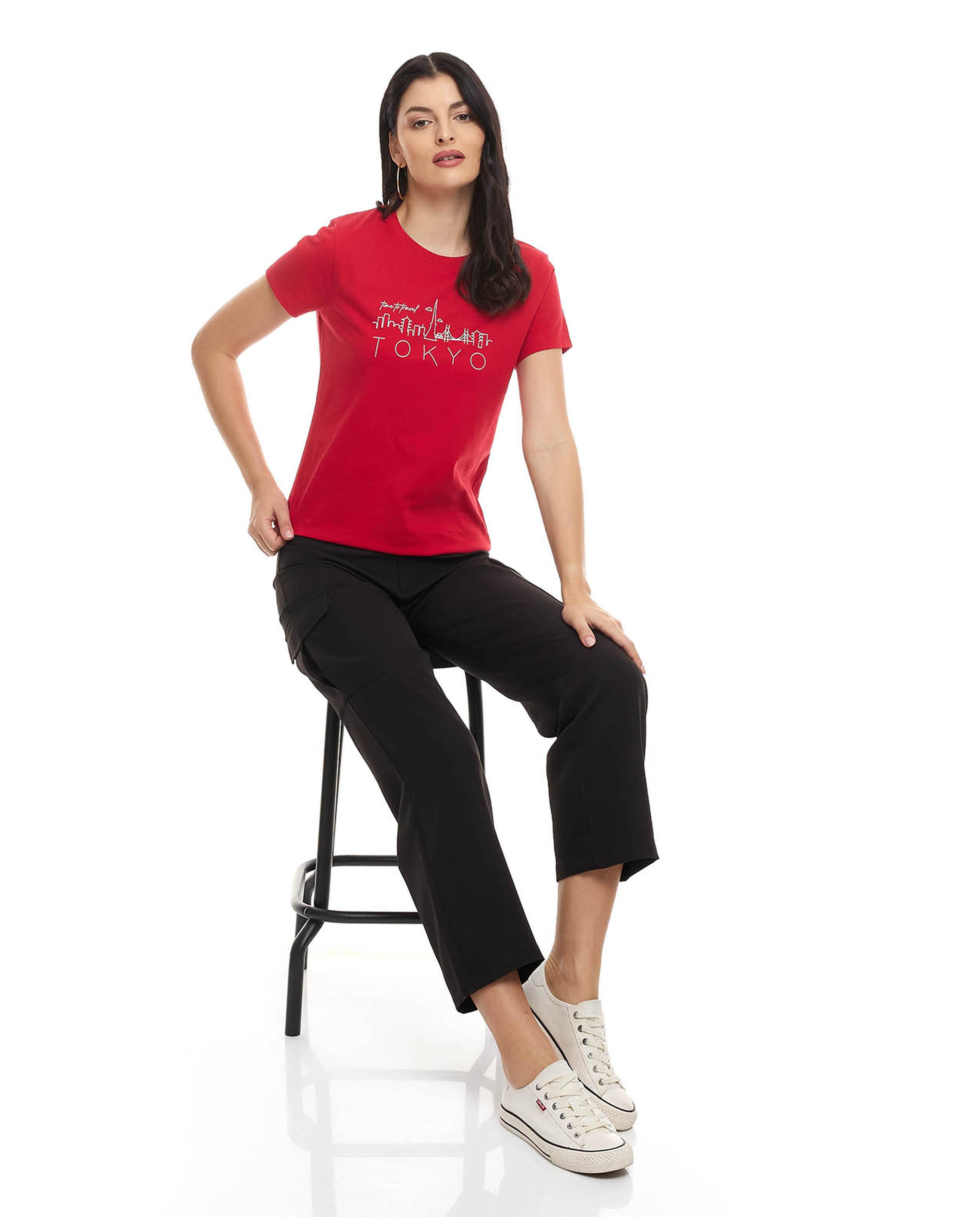 Typography Print T-Shirt with Crew Neck and Short Sleeves