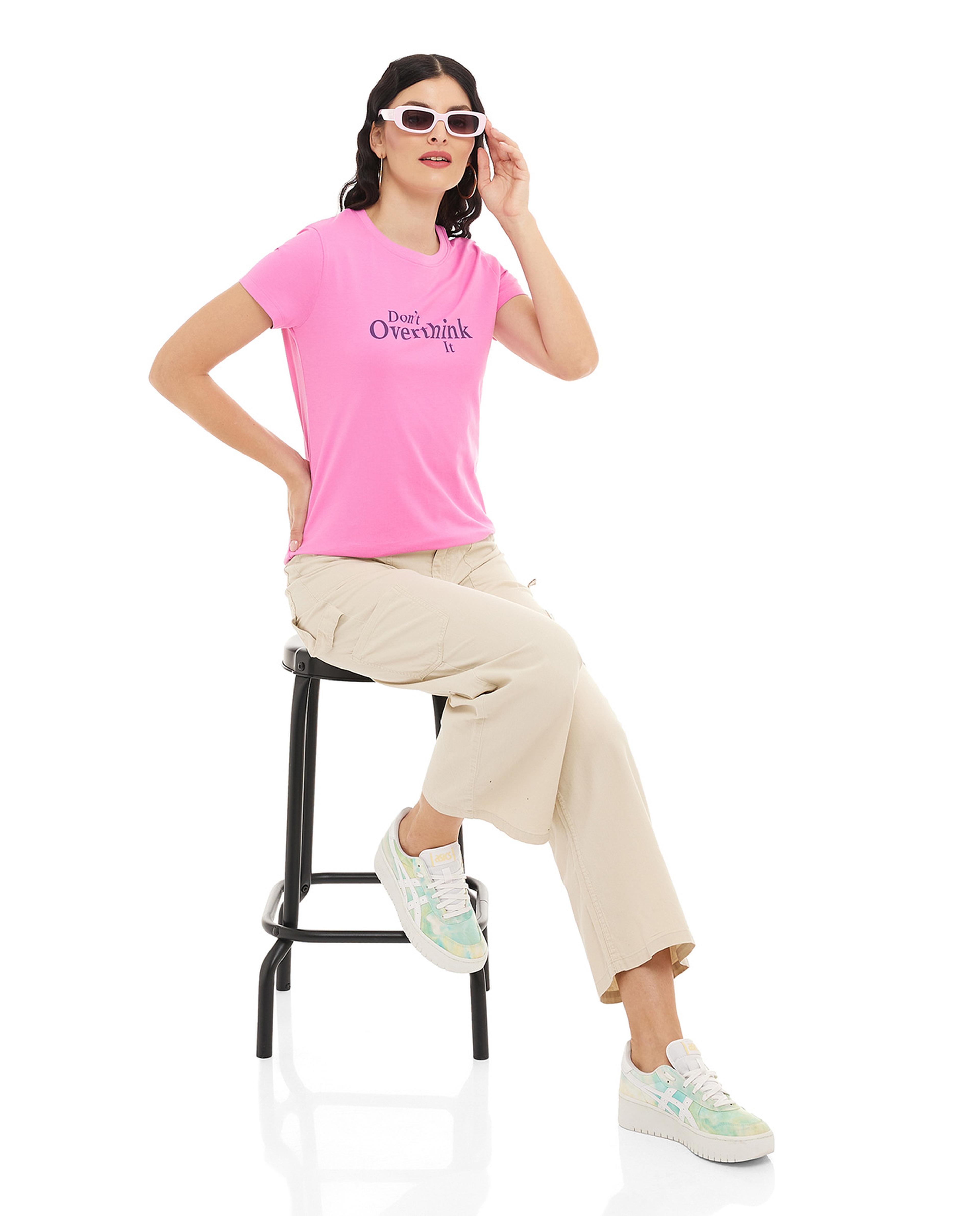 Typography Print T-Shirt with Crew Neck and Short Sleeves