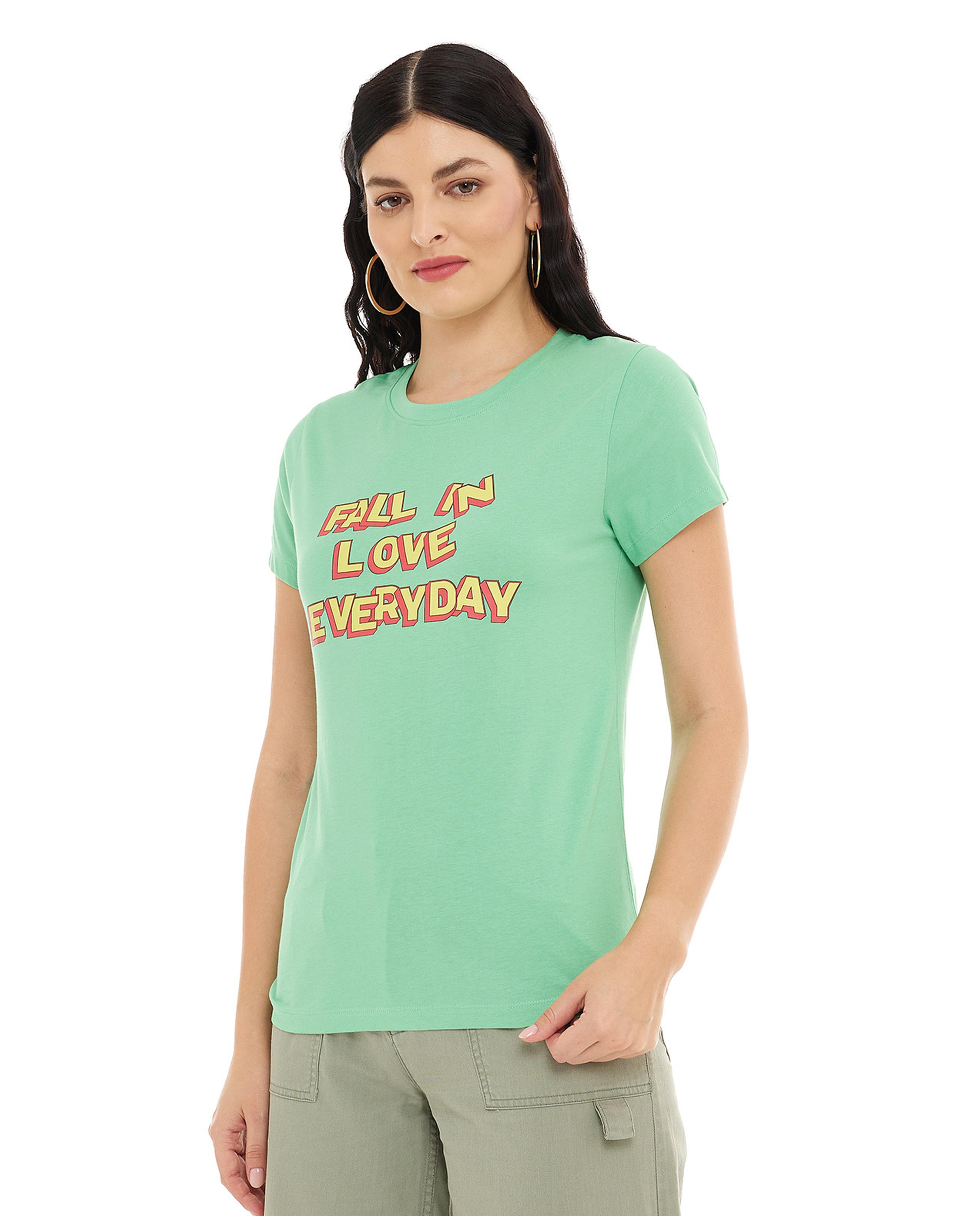 Typography Print T-Shirt with Crew Neck and Short Sleeves