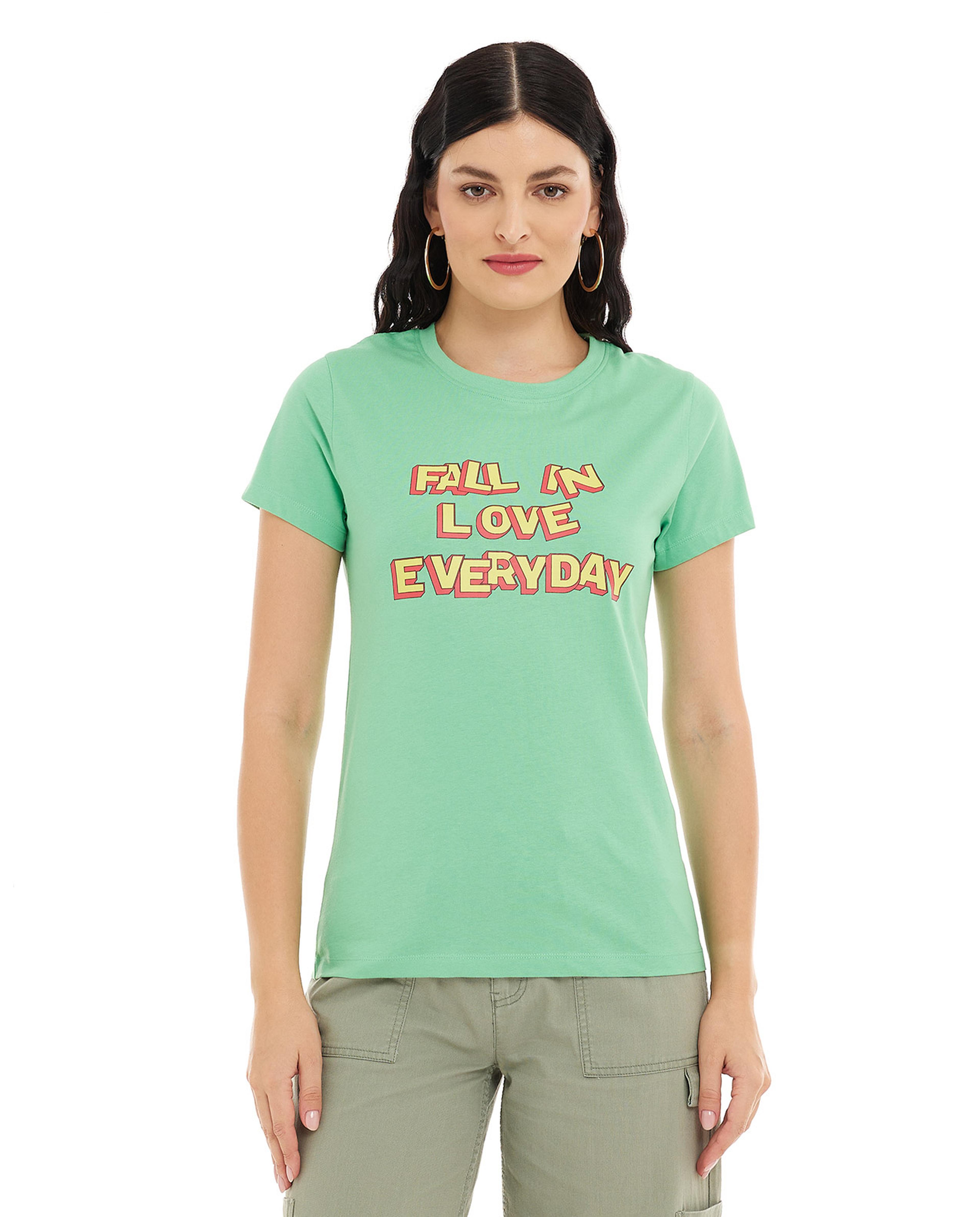 Typography Print T-Shirt with Crew Neck and Short Sleeves