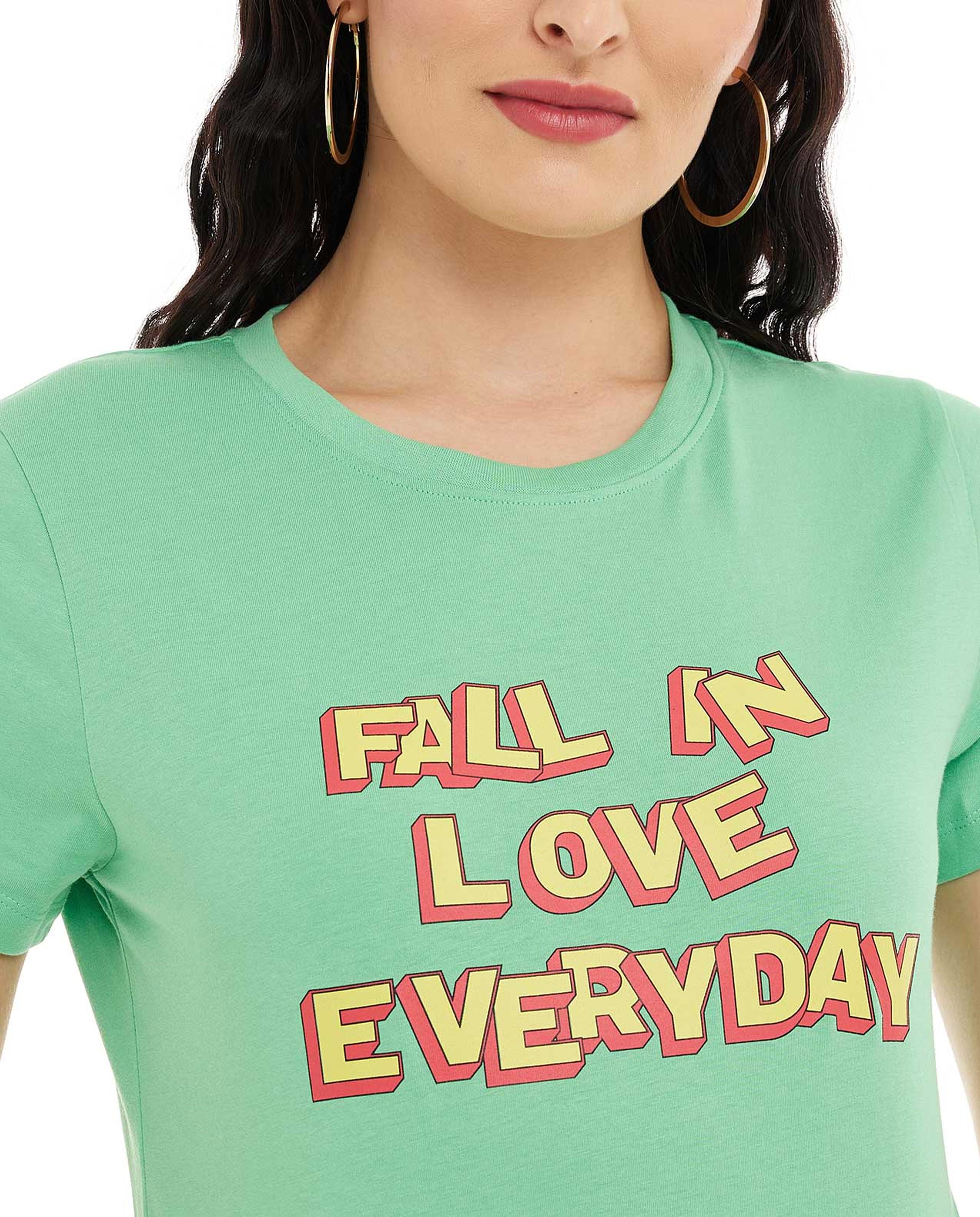 Typography Print T-Shirt with Crew Neck and Short Sleeves