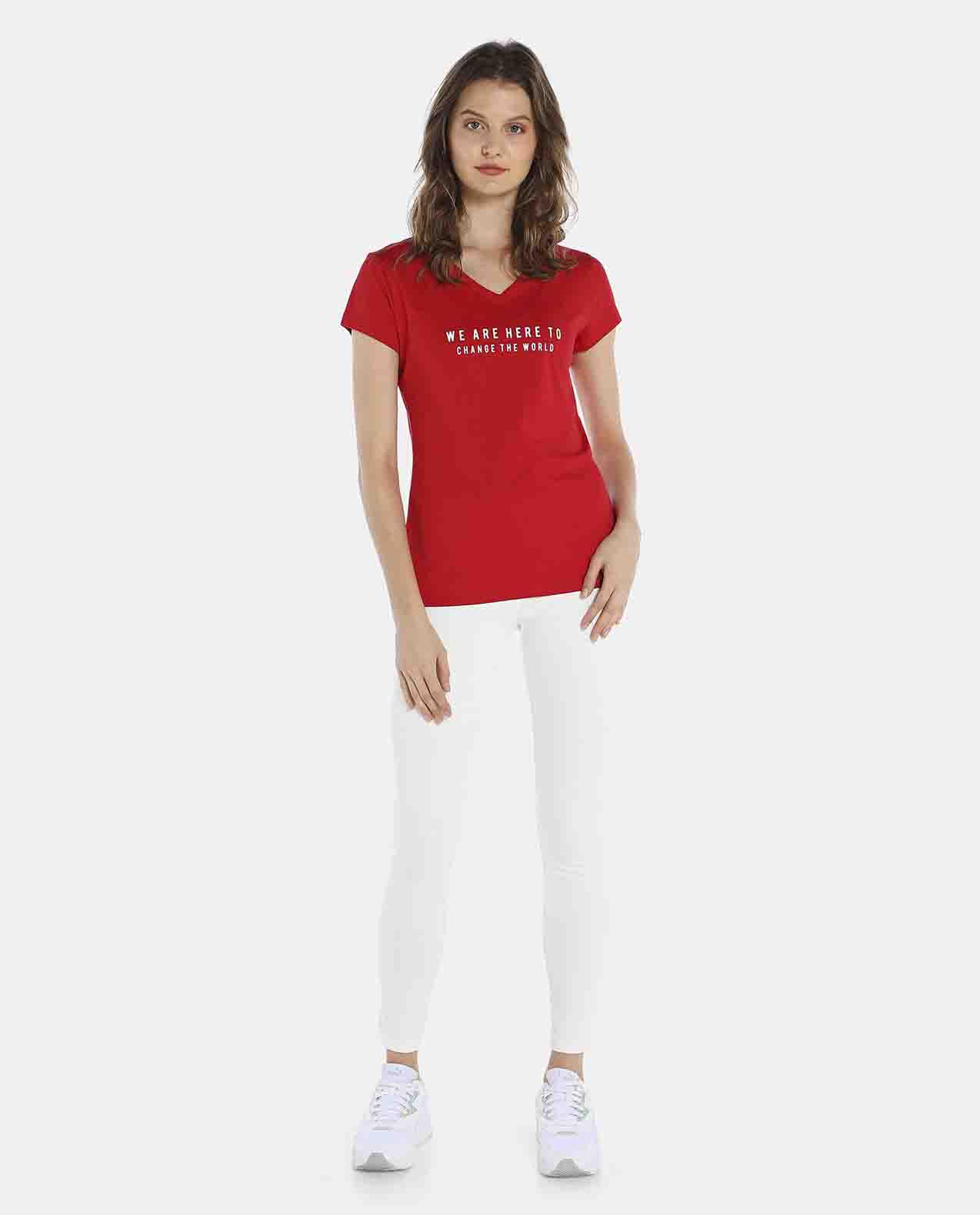 Red V-Neck Printed Tee