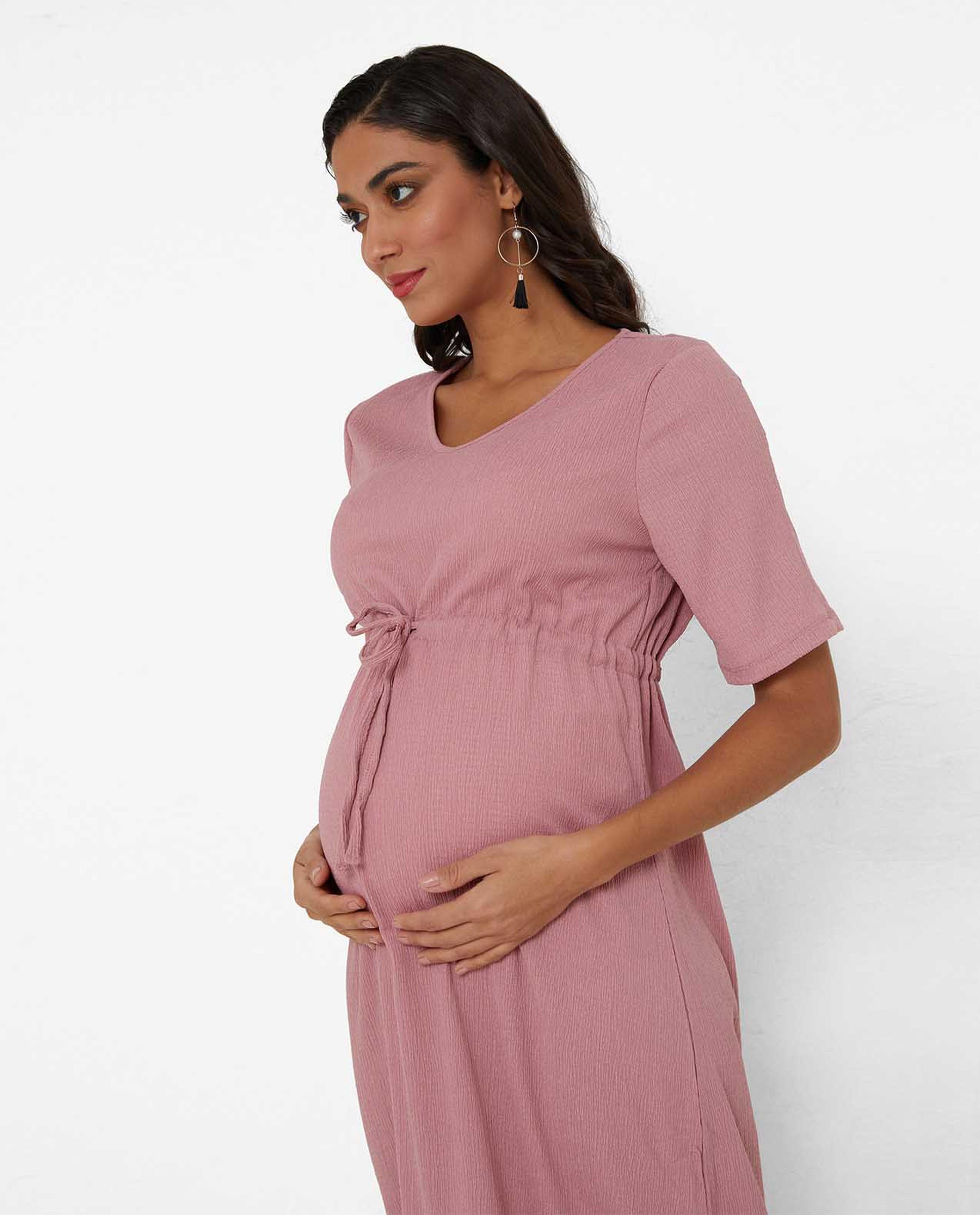 Solid Maternity Midi Dress with Drawstring Waist