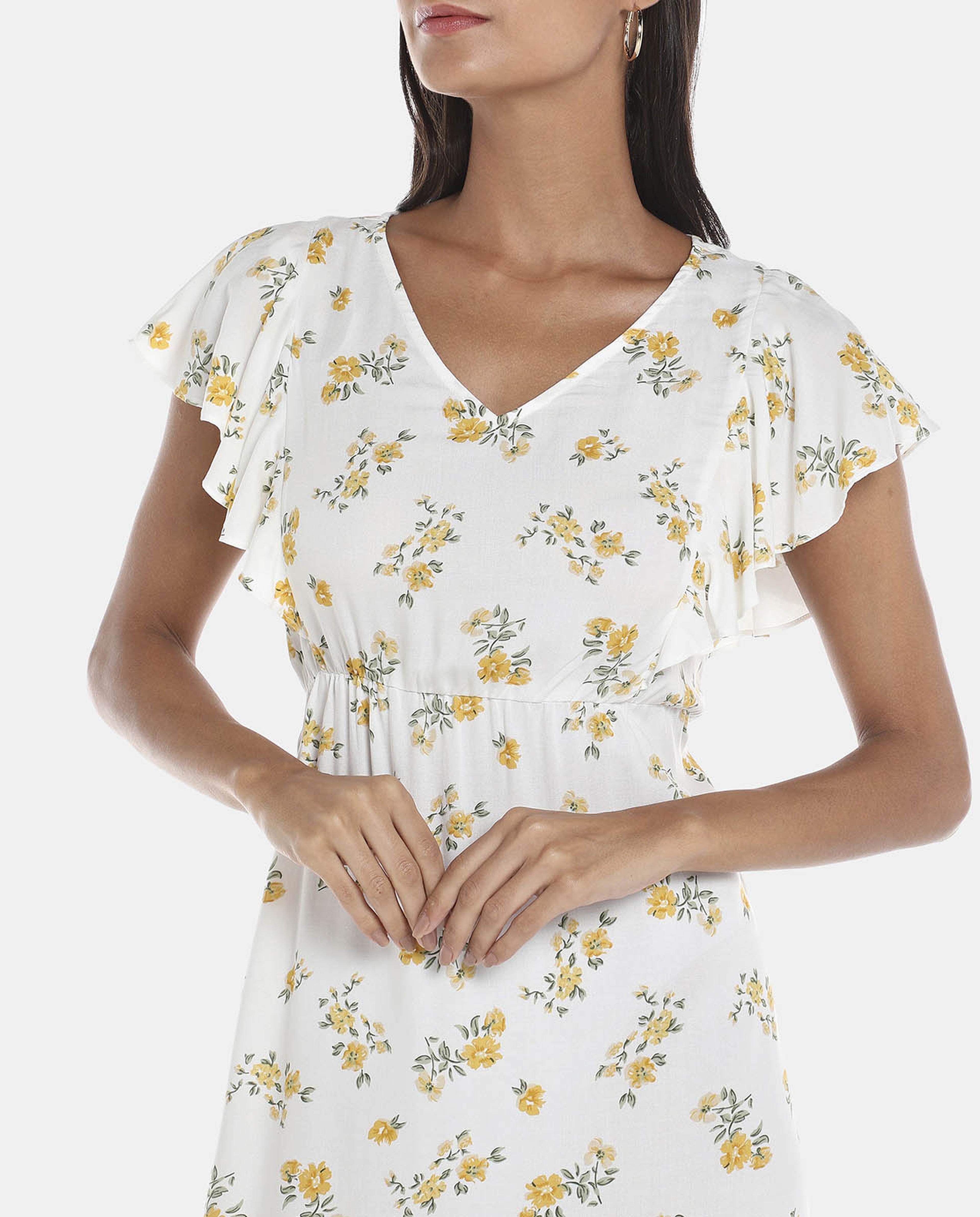 R&B White Printed Ruffle hem Bodycon Dress