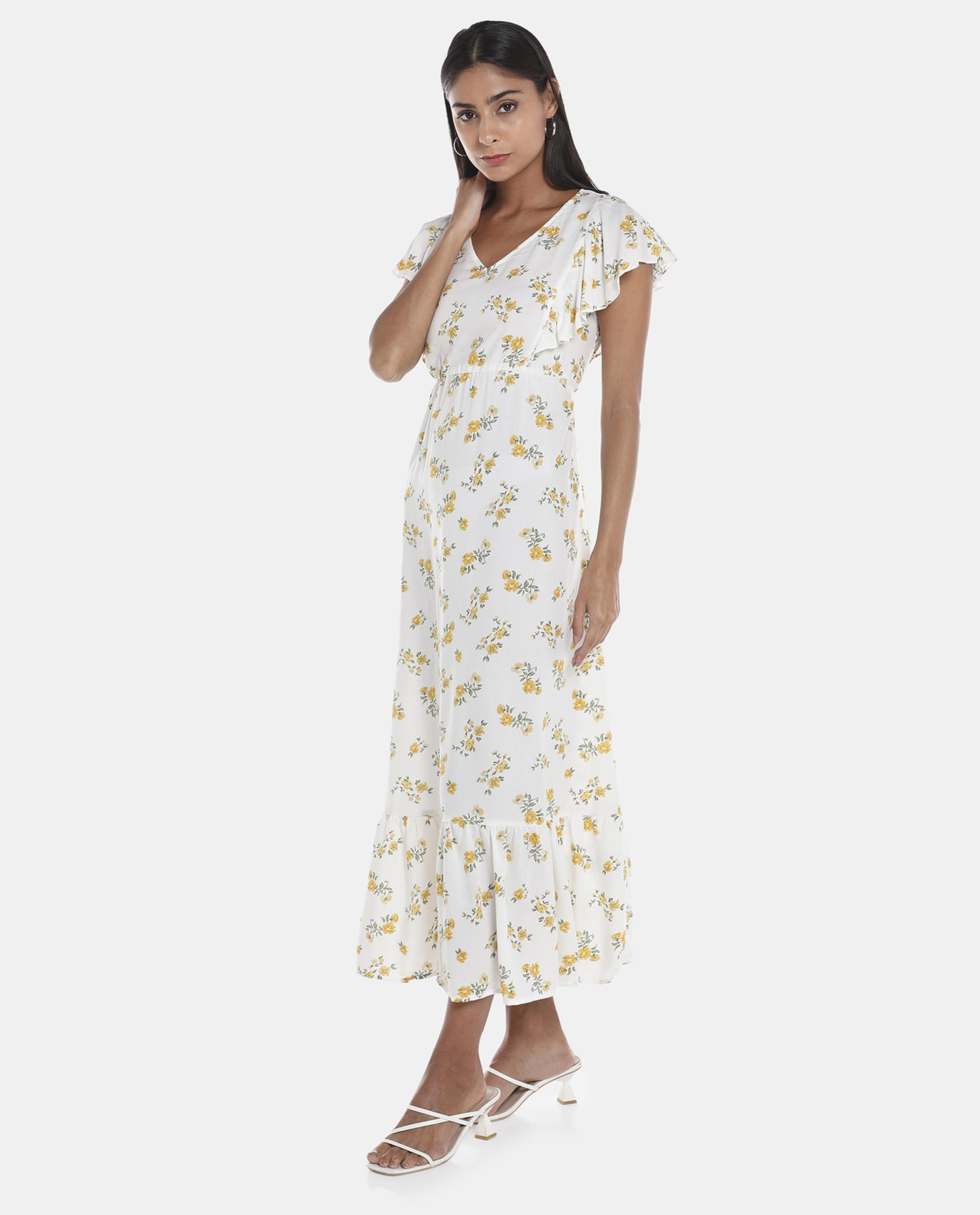 R&B White Printed Ruffle hem Bodycon Dress
