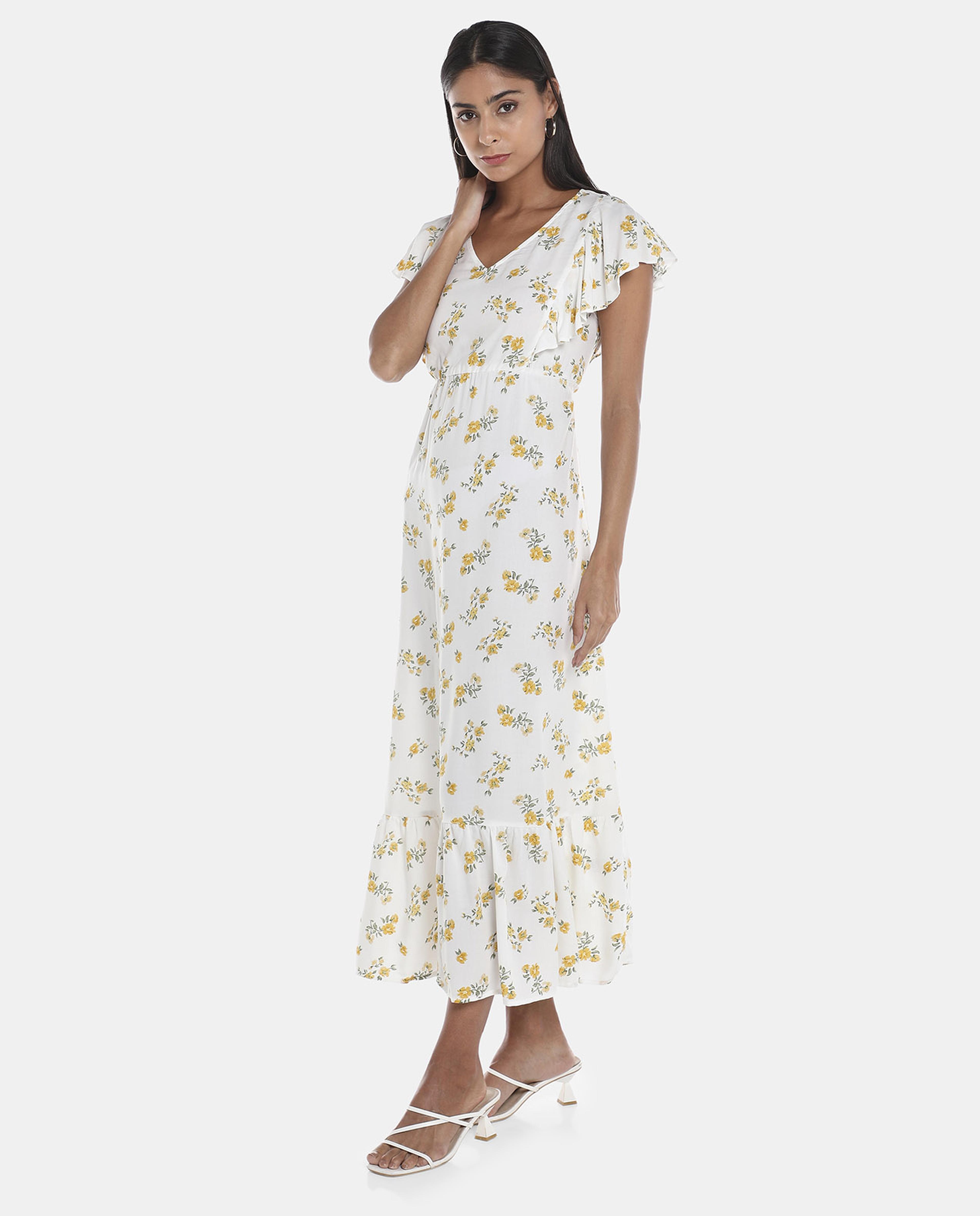 R&B White Printed Ruffle hem Bodycon Dress