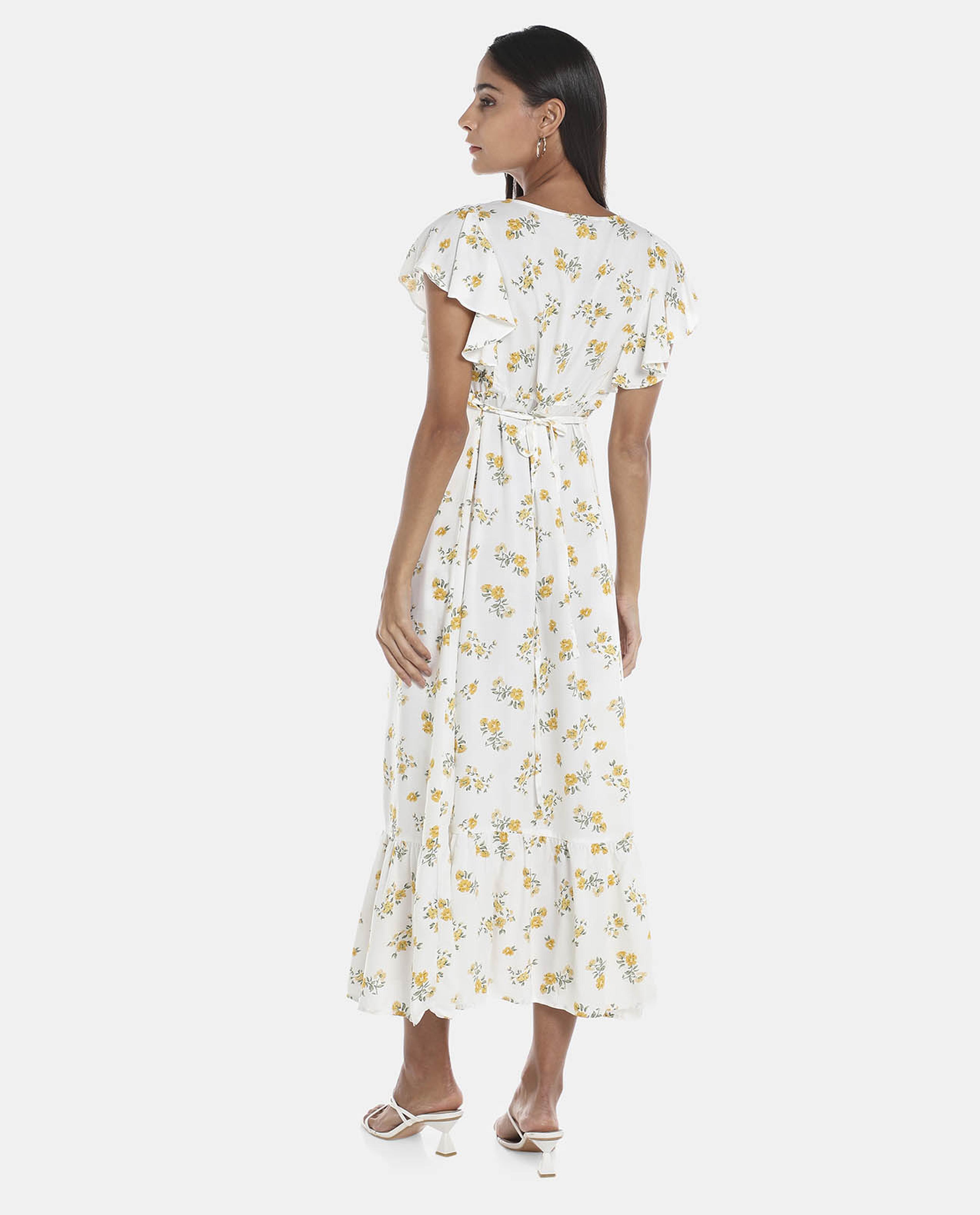 R&B White Printed Ruffle hem Bodycon Dress