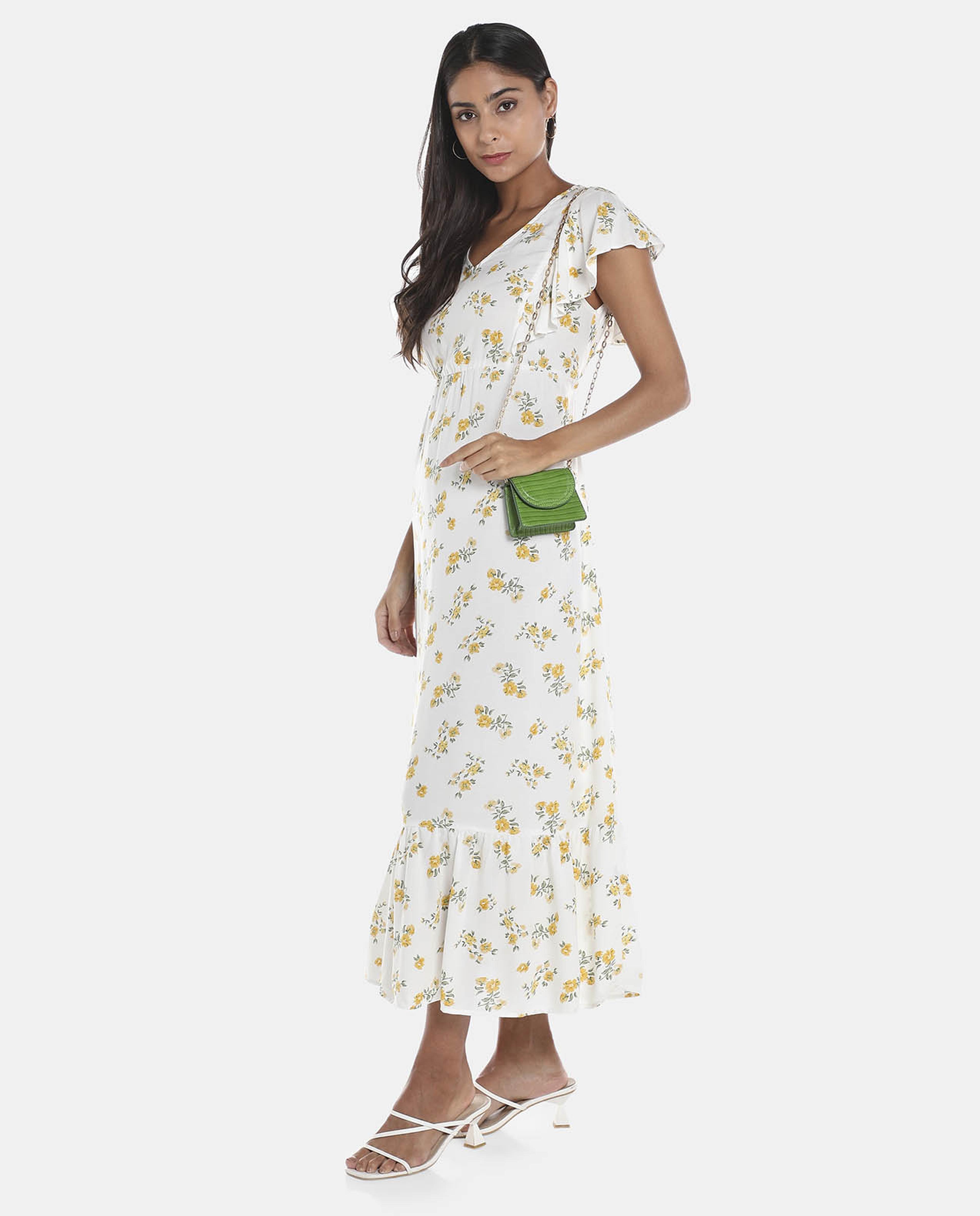 R&B White Printed Ruffle hem Bodycon Dress