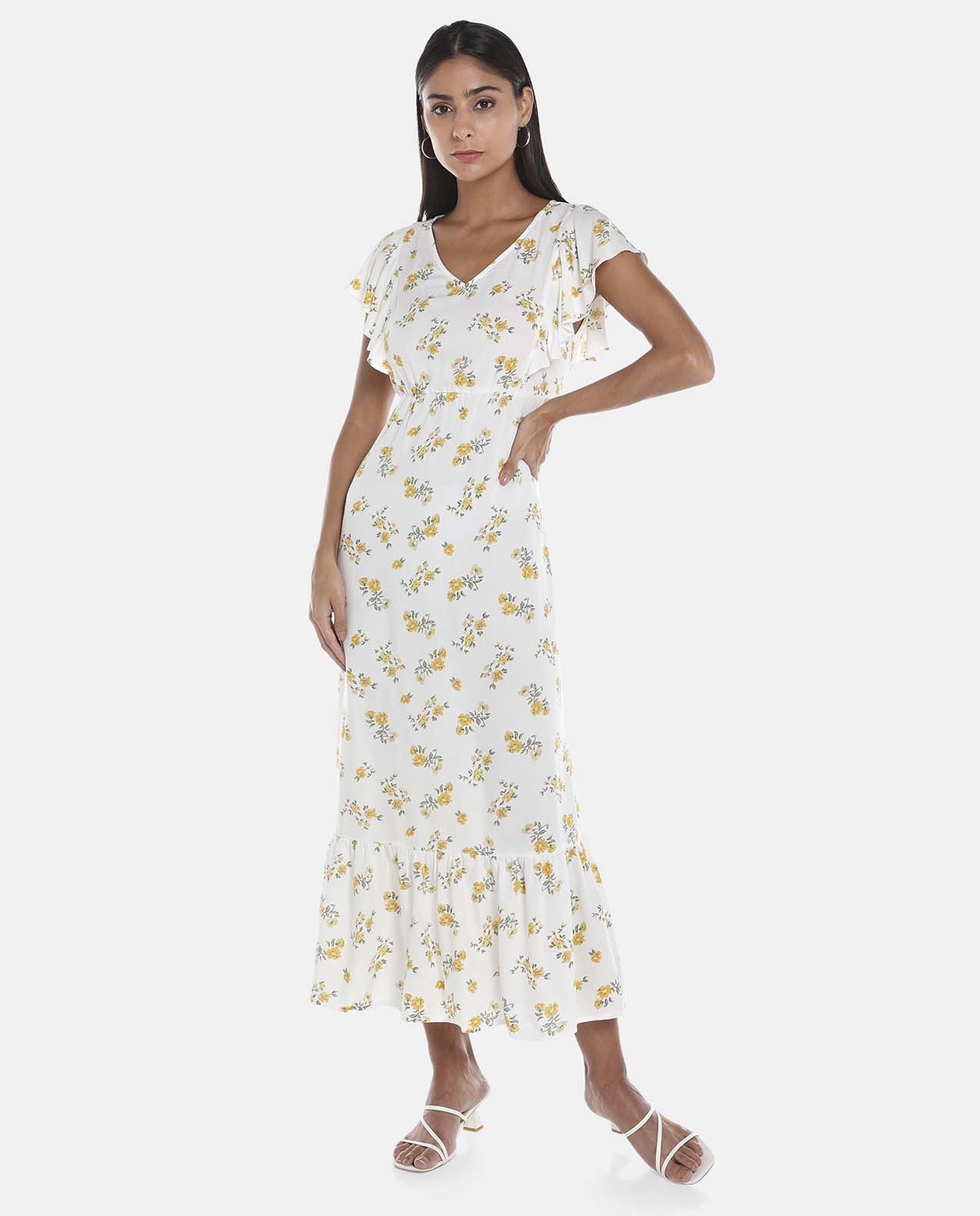 R&B White Printed Ruffle hem Bodycon Dress