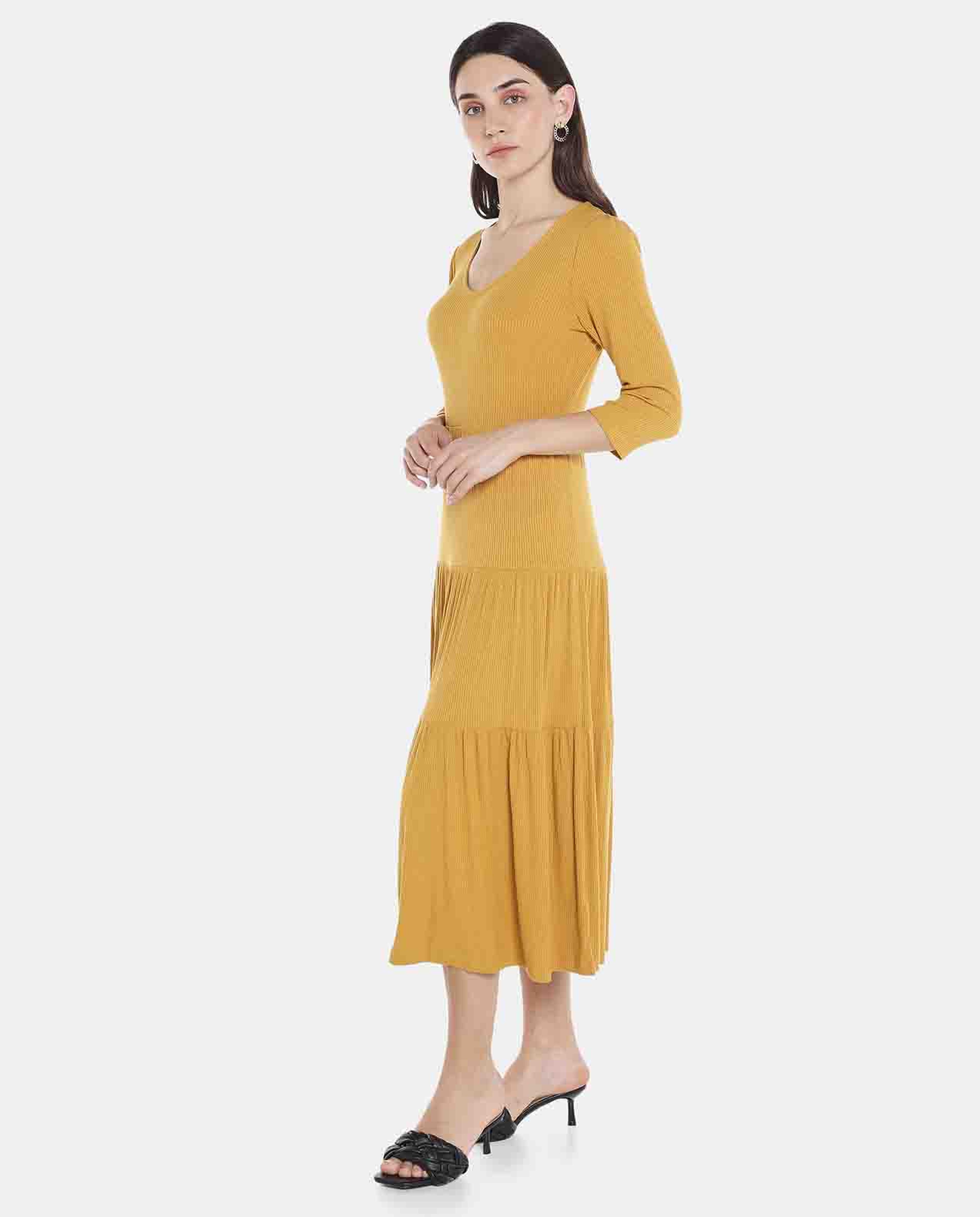 Yellow Solid Tiered Midi Dress