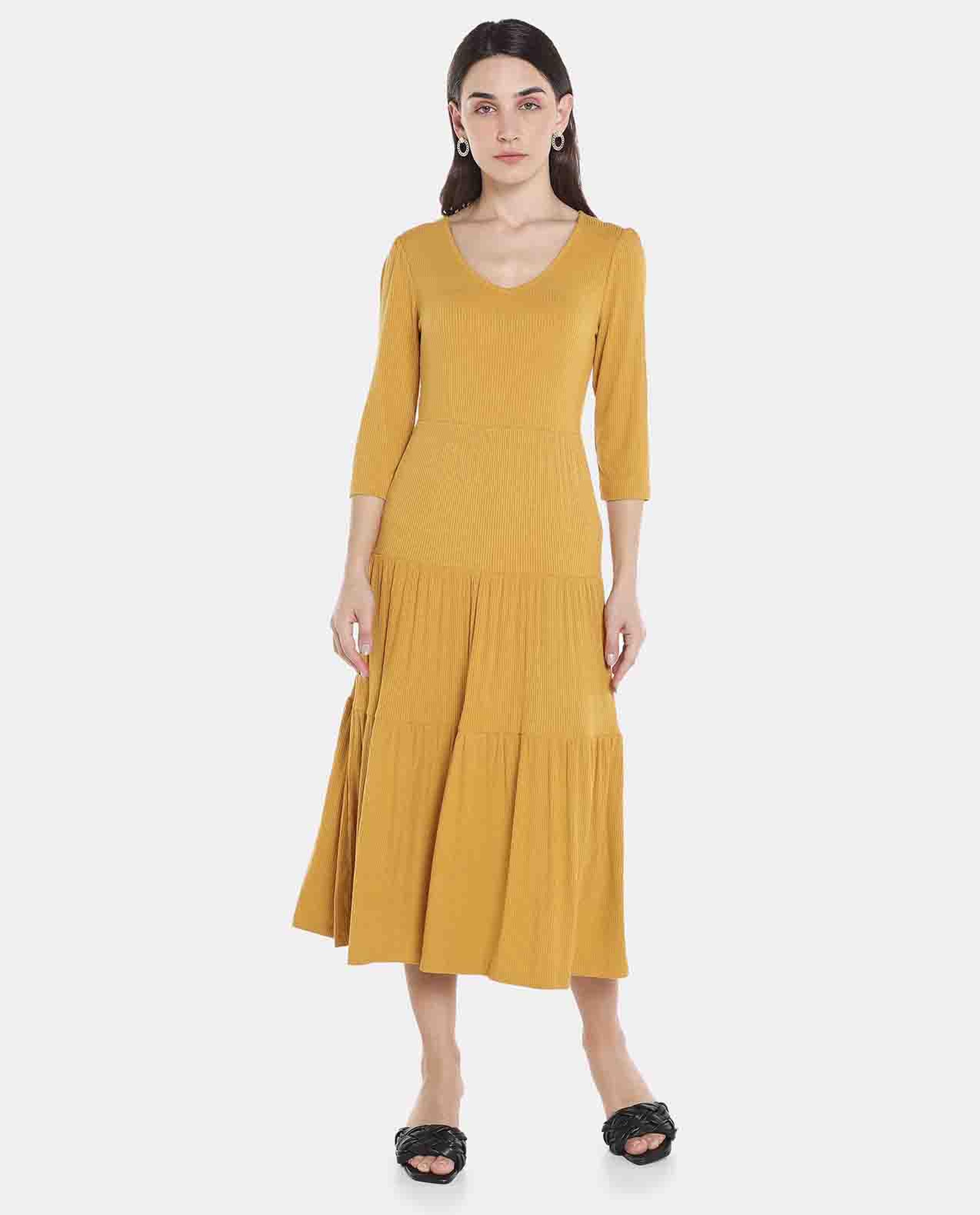 Yellow Solid Tiered Midi Dress
