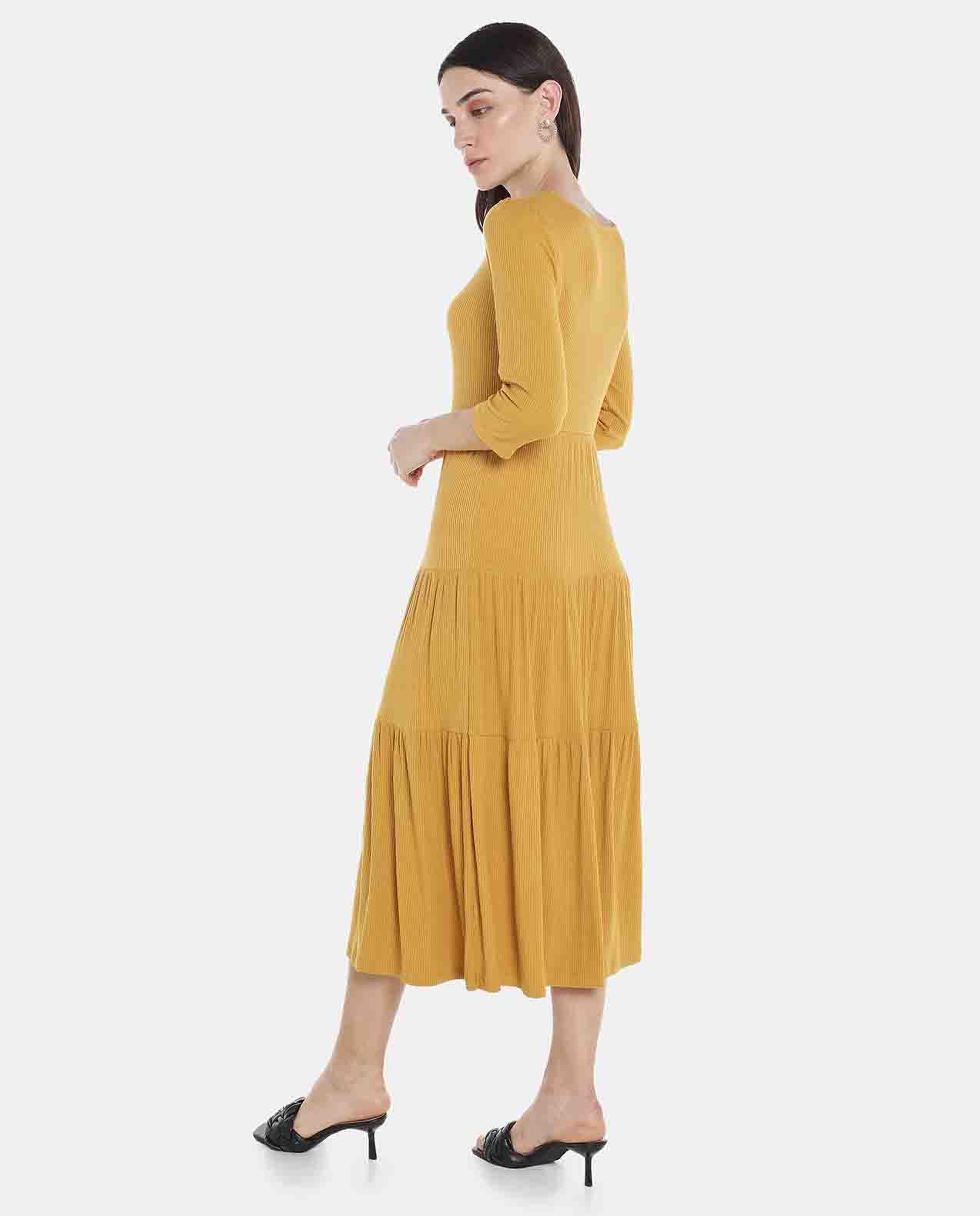 Yellow Solid Tiered Midi Dress