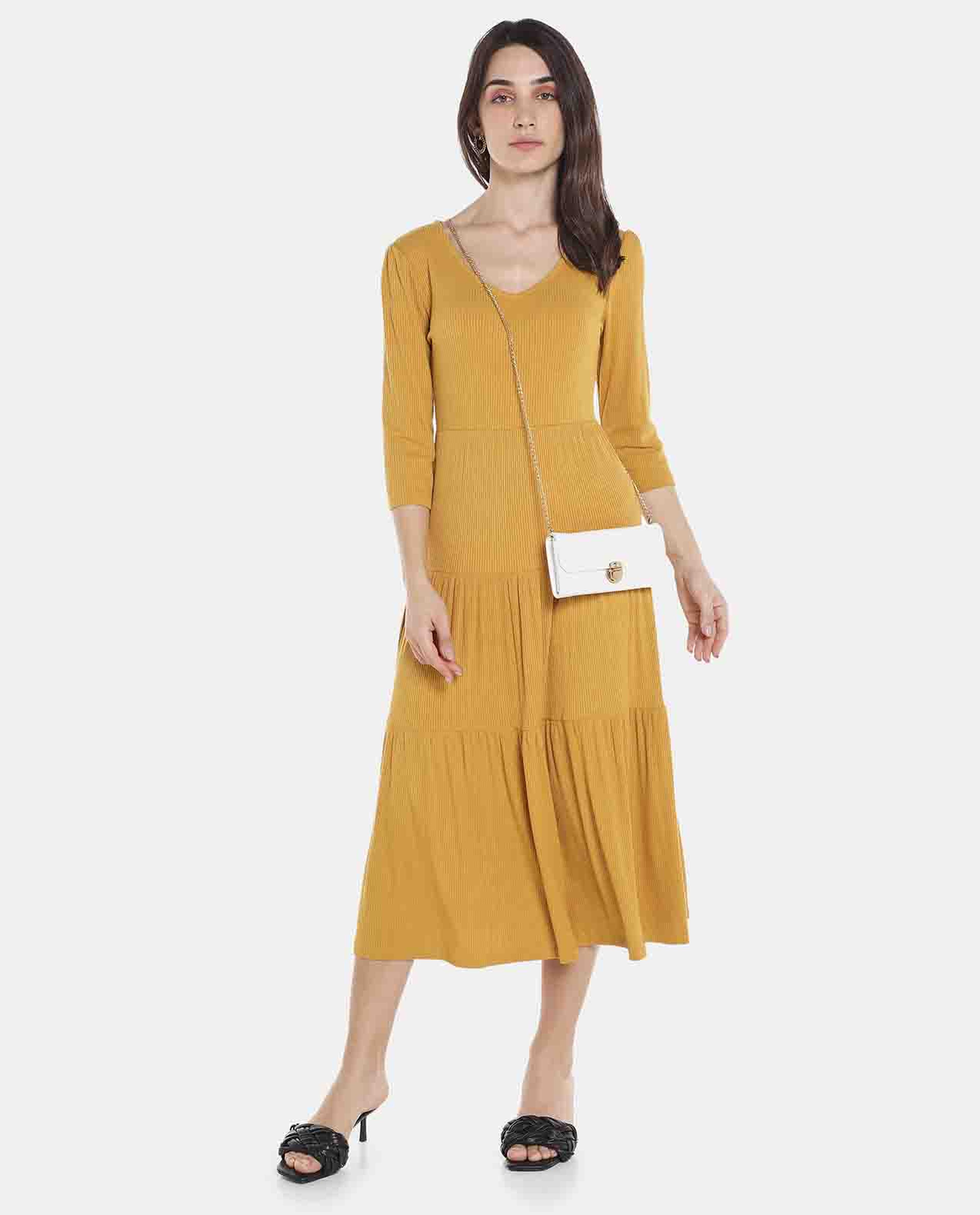 Yellow Solid Tiered Midi Dress