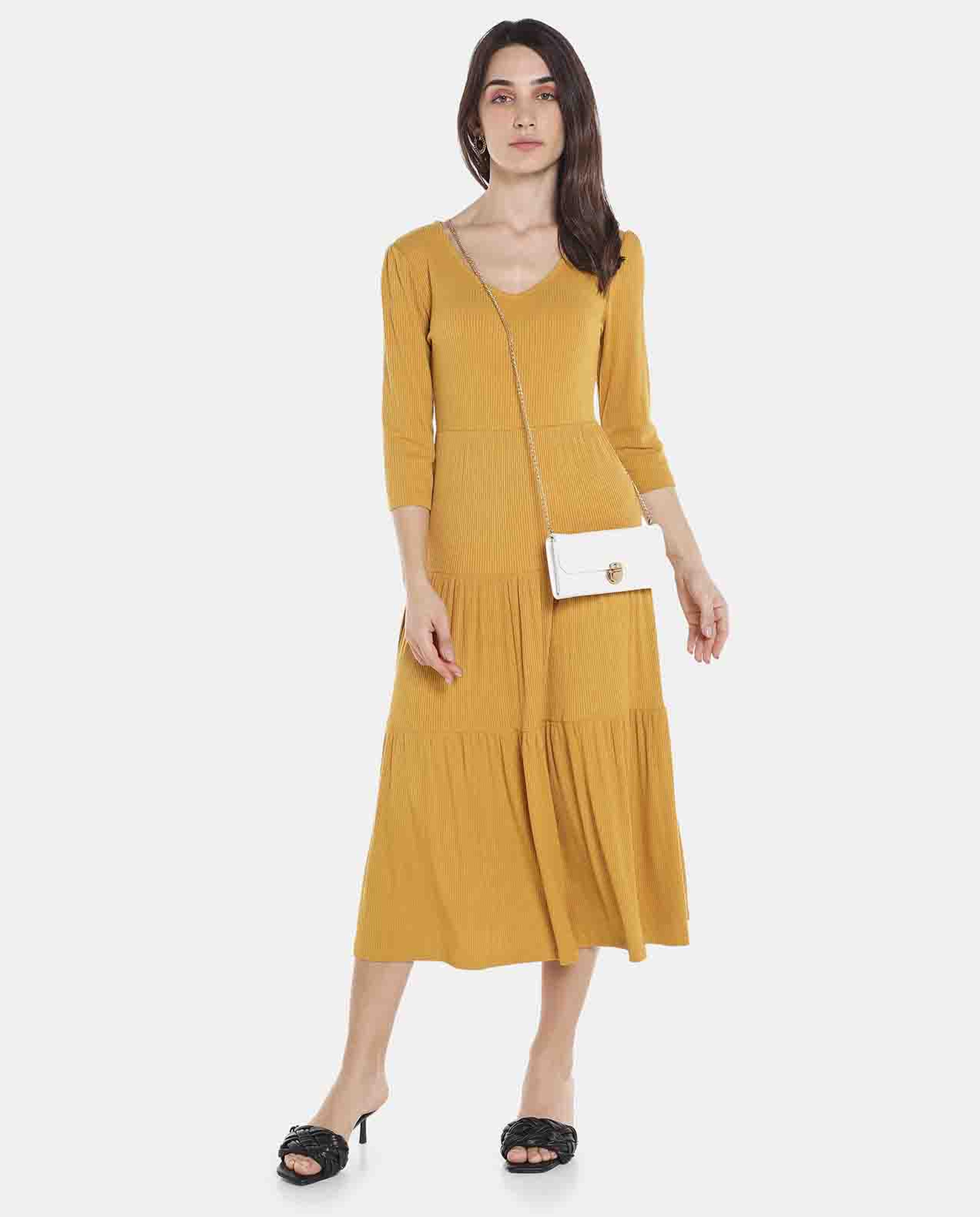 Yellow Solid Tiered Midi Dress