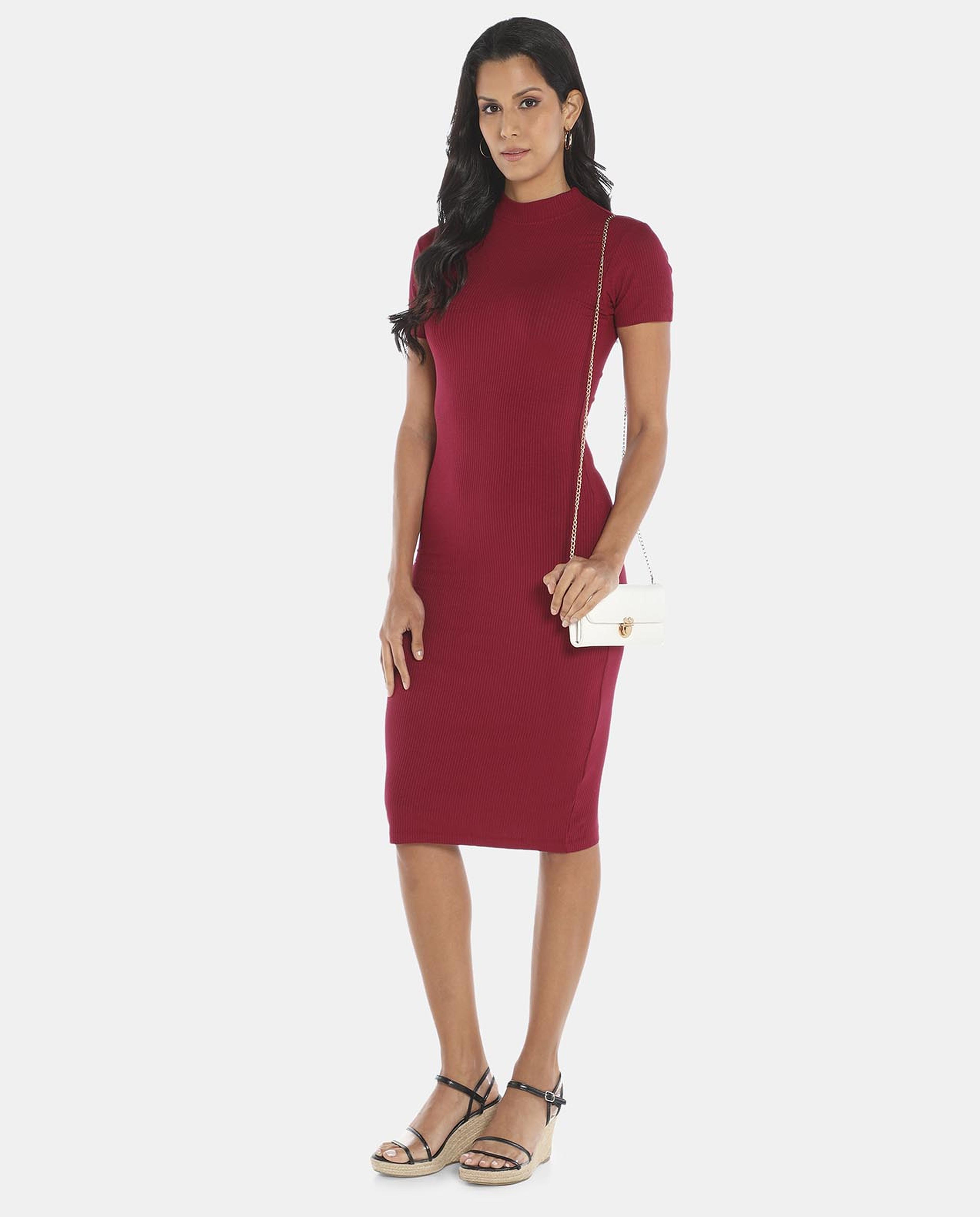 Burgundy Solid Midi Bodycon Dress