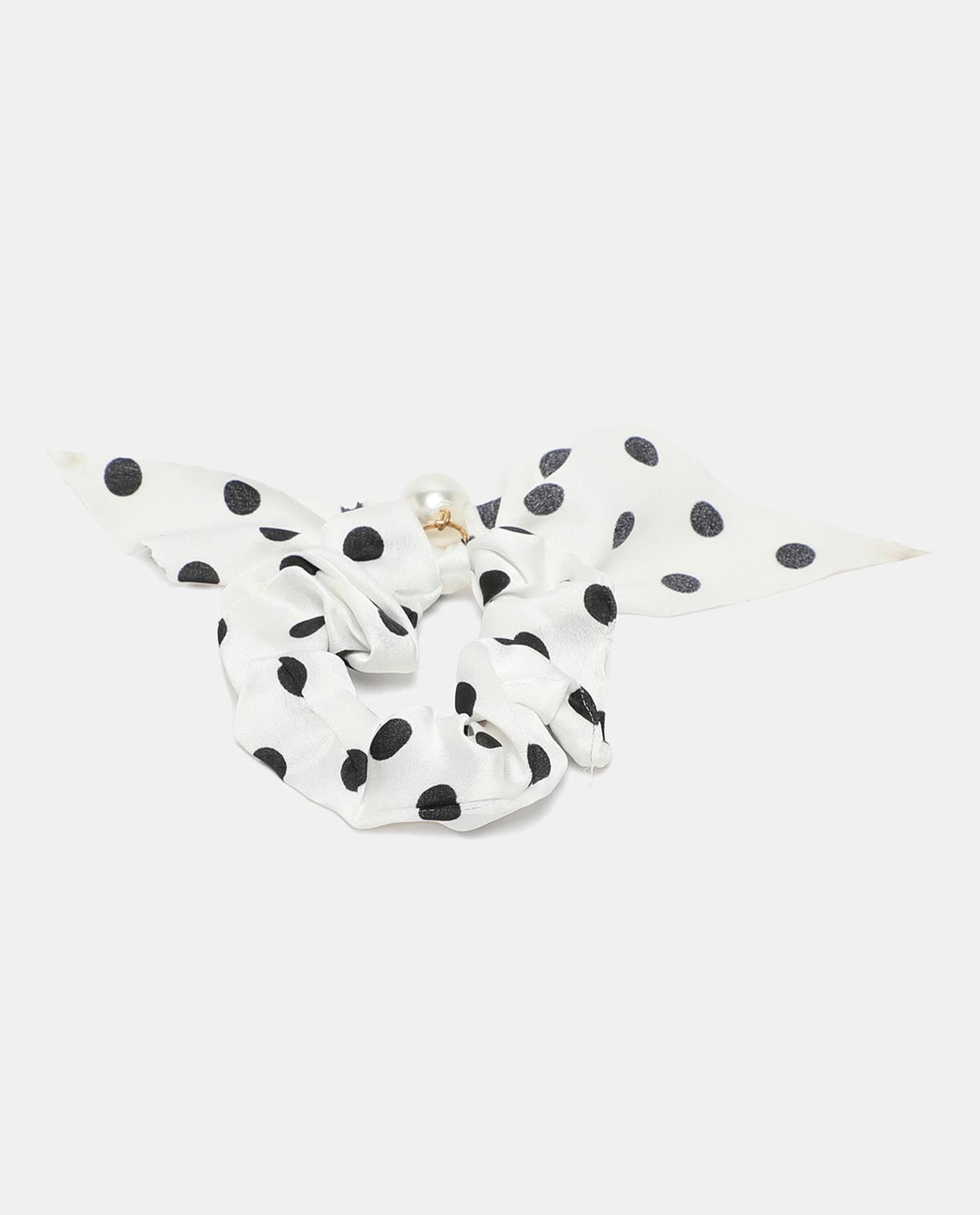 R&B White Polka Dot Printed Ponytail Hair Holder