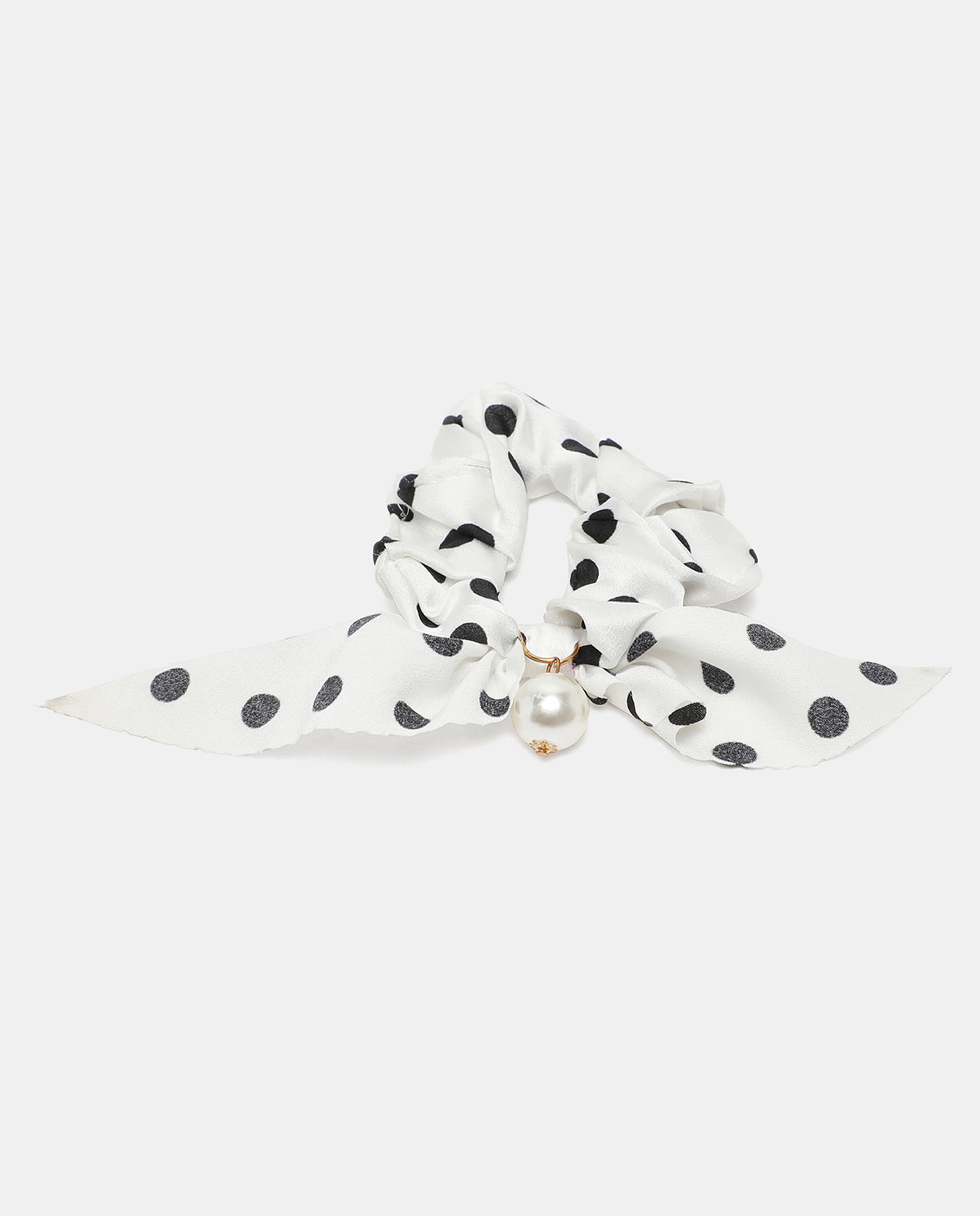 R&B White Polka Dot Printed Ponytail Hair Holder