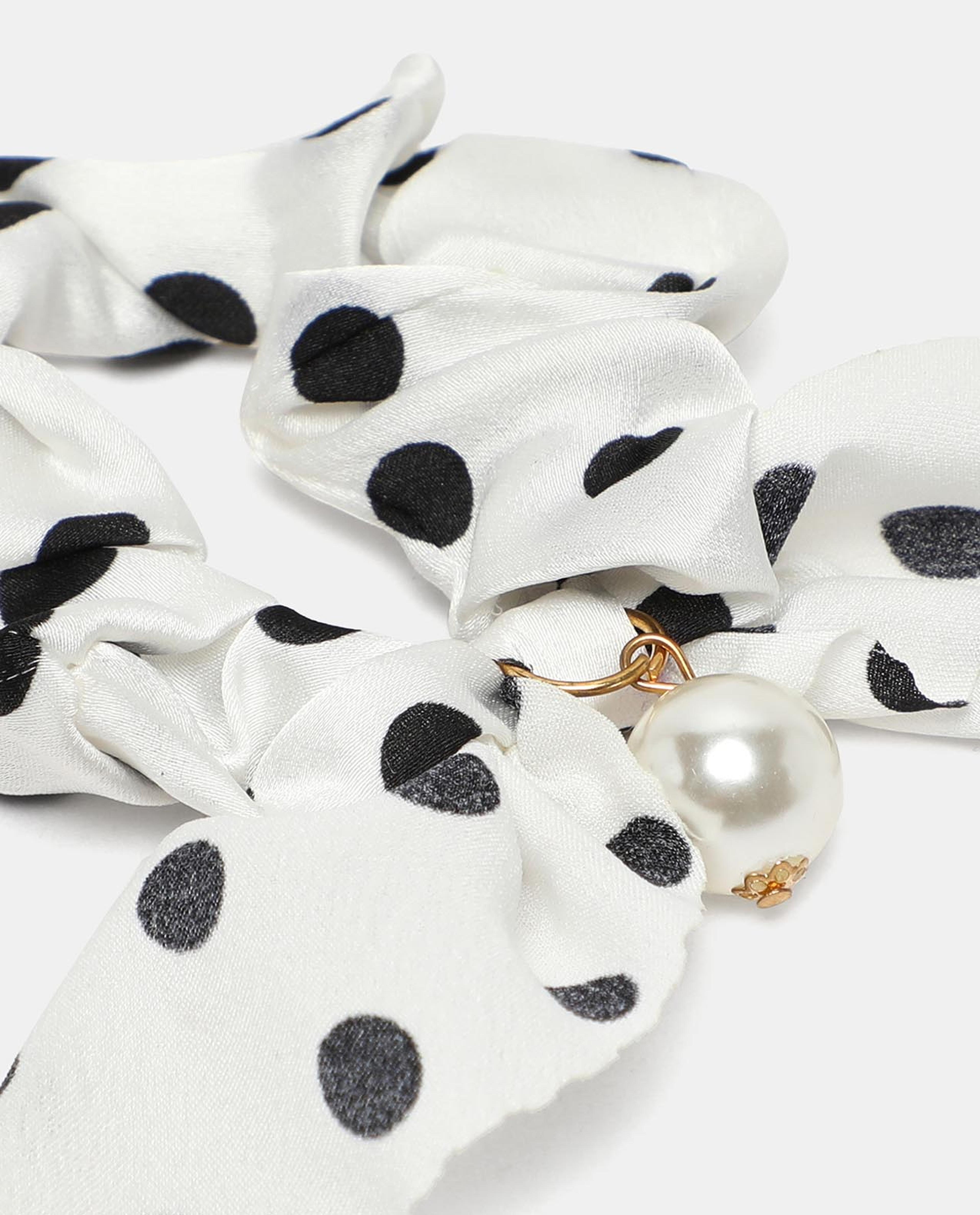 R&B White Polka Dot Printed Ponytail Hair Holder