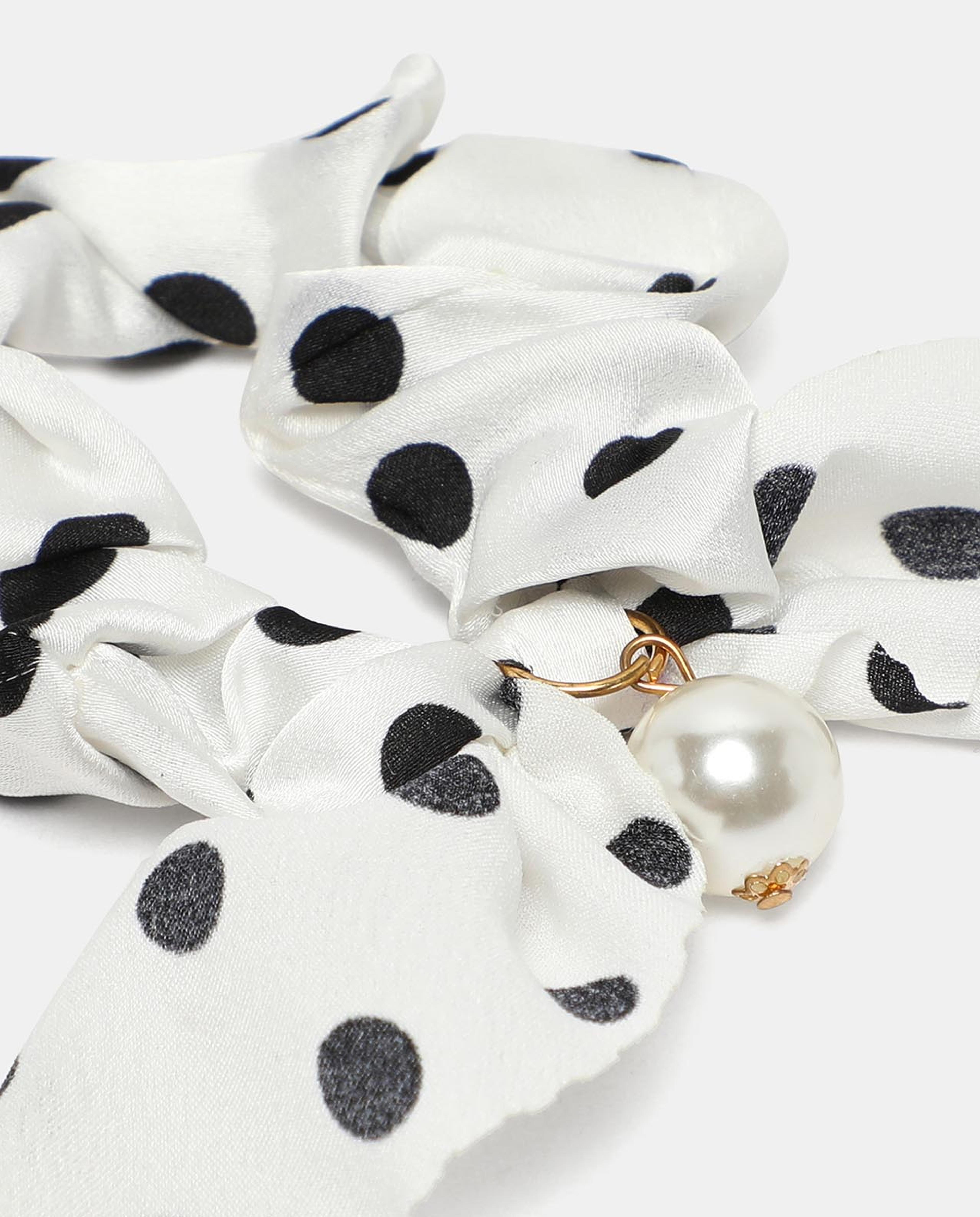 R&B White Polka Dot Printed Ponytail Hair Holder