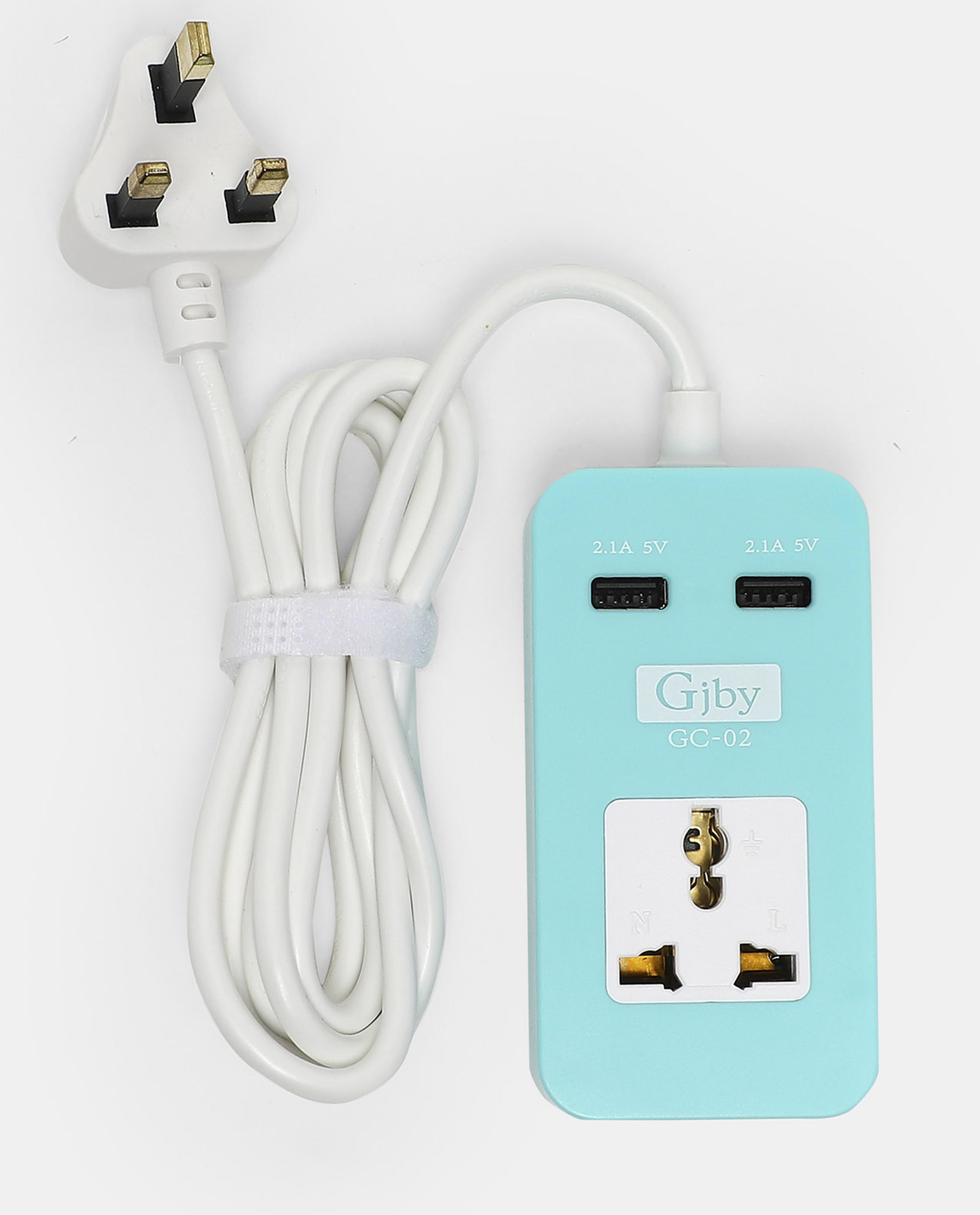 R&B Blue 3 Pin Multi-Colored Plug With 2 Usb Charger Socket