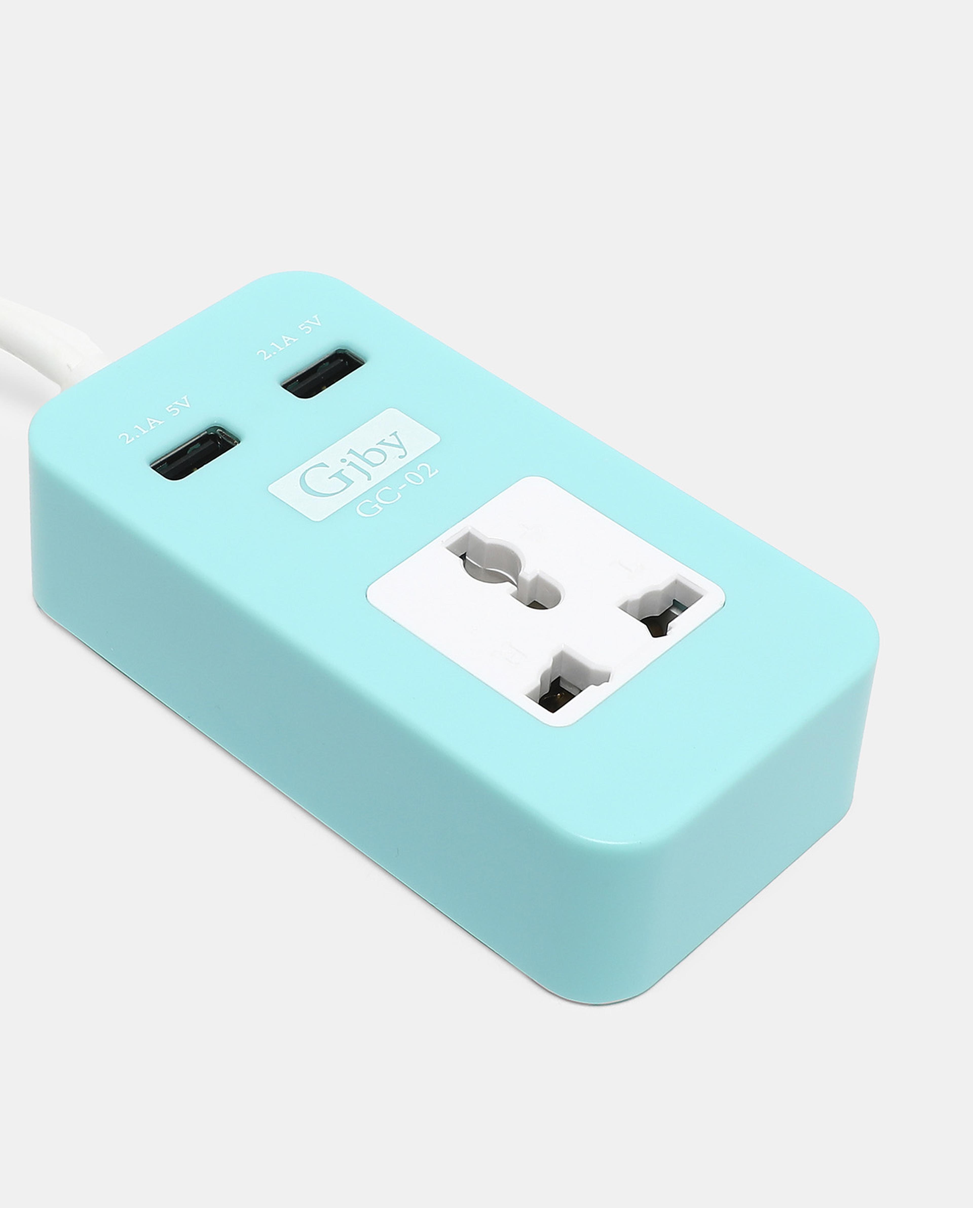 R&B Blue 3 Pin Multi-Colored Plug With 2 Usb Charger Socket