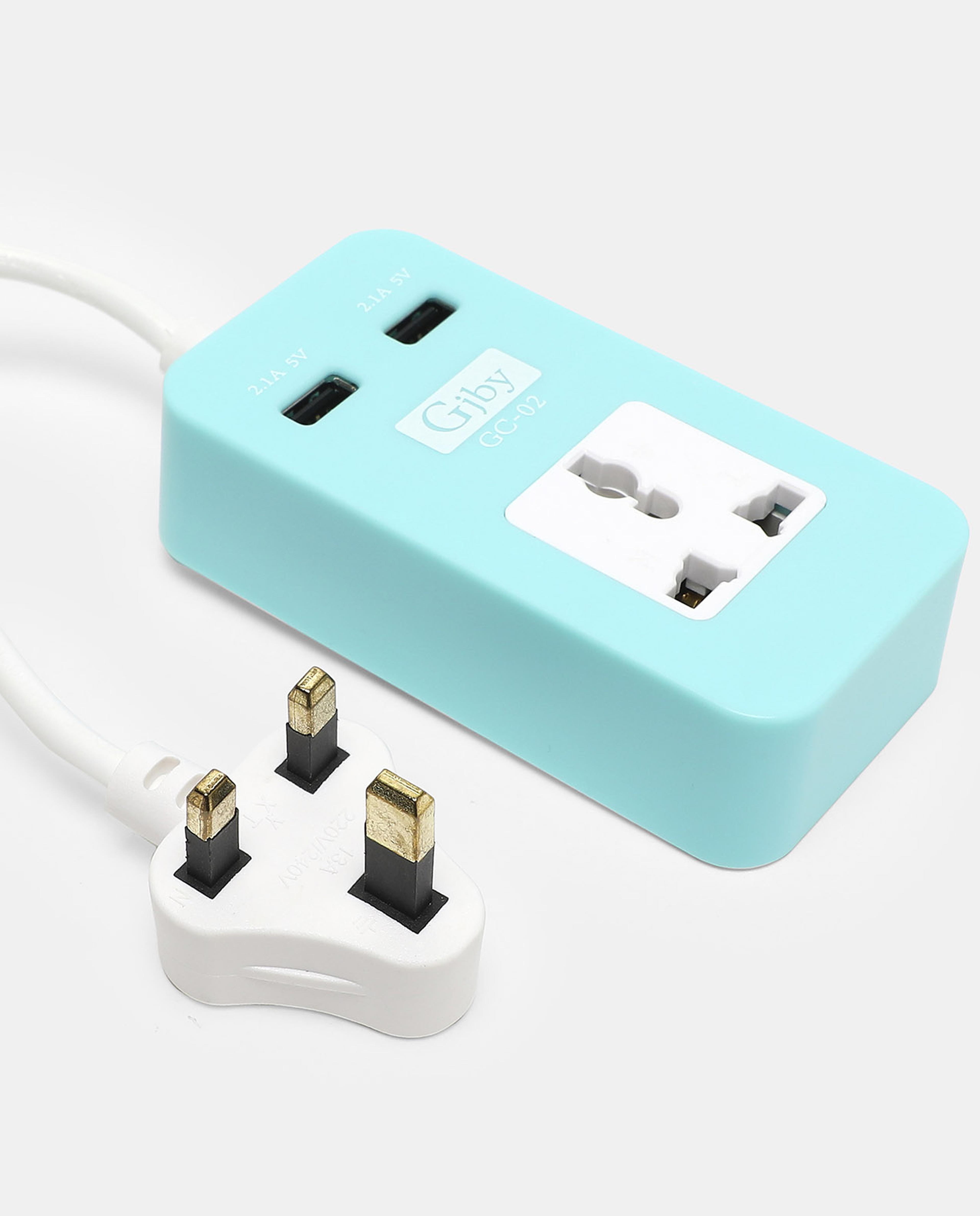 R&B Blue 3 Pin Multi-Colored Plug With 2 Usb Charger Socket