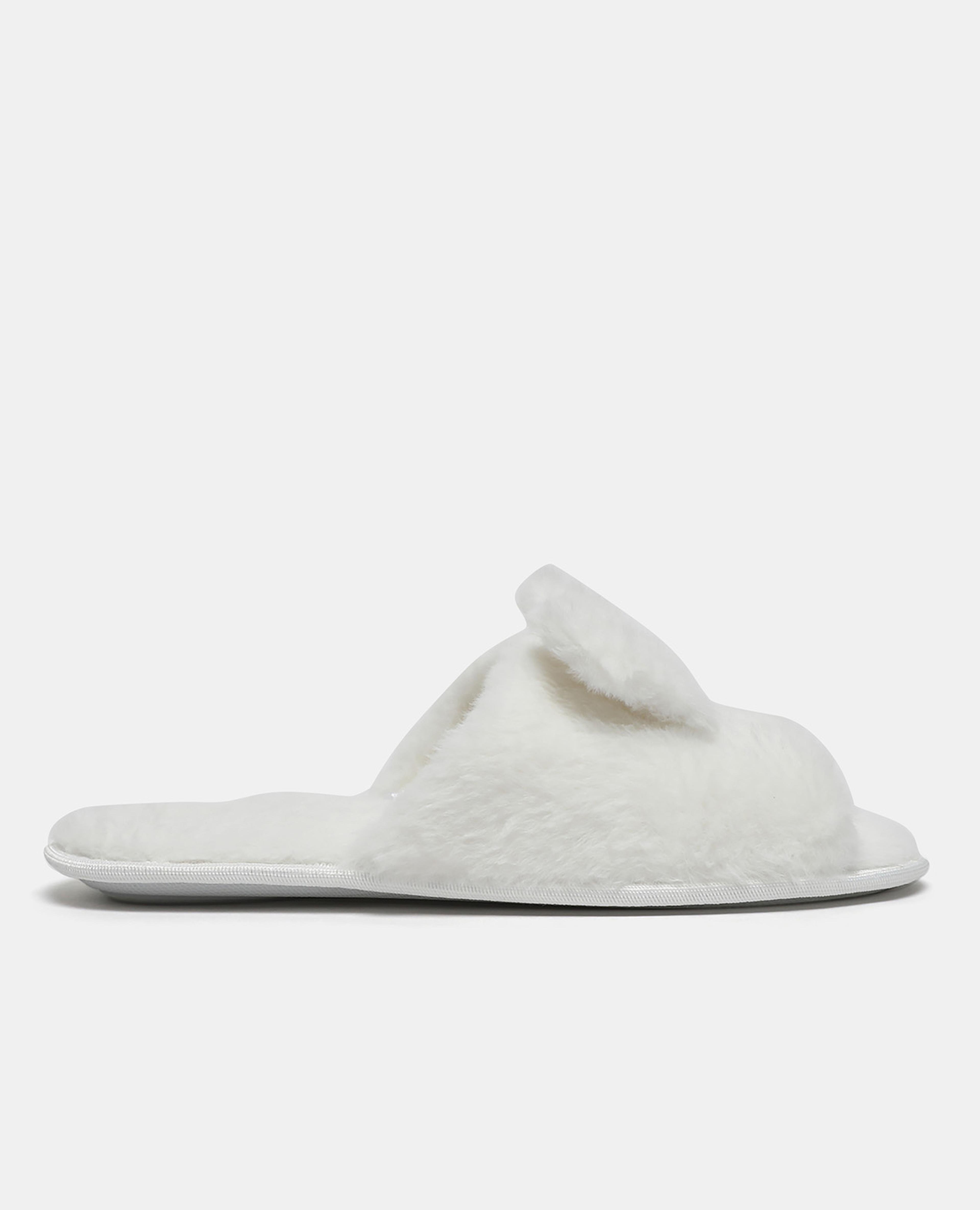 White Solid Fur Bow Bedroom Slippers