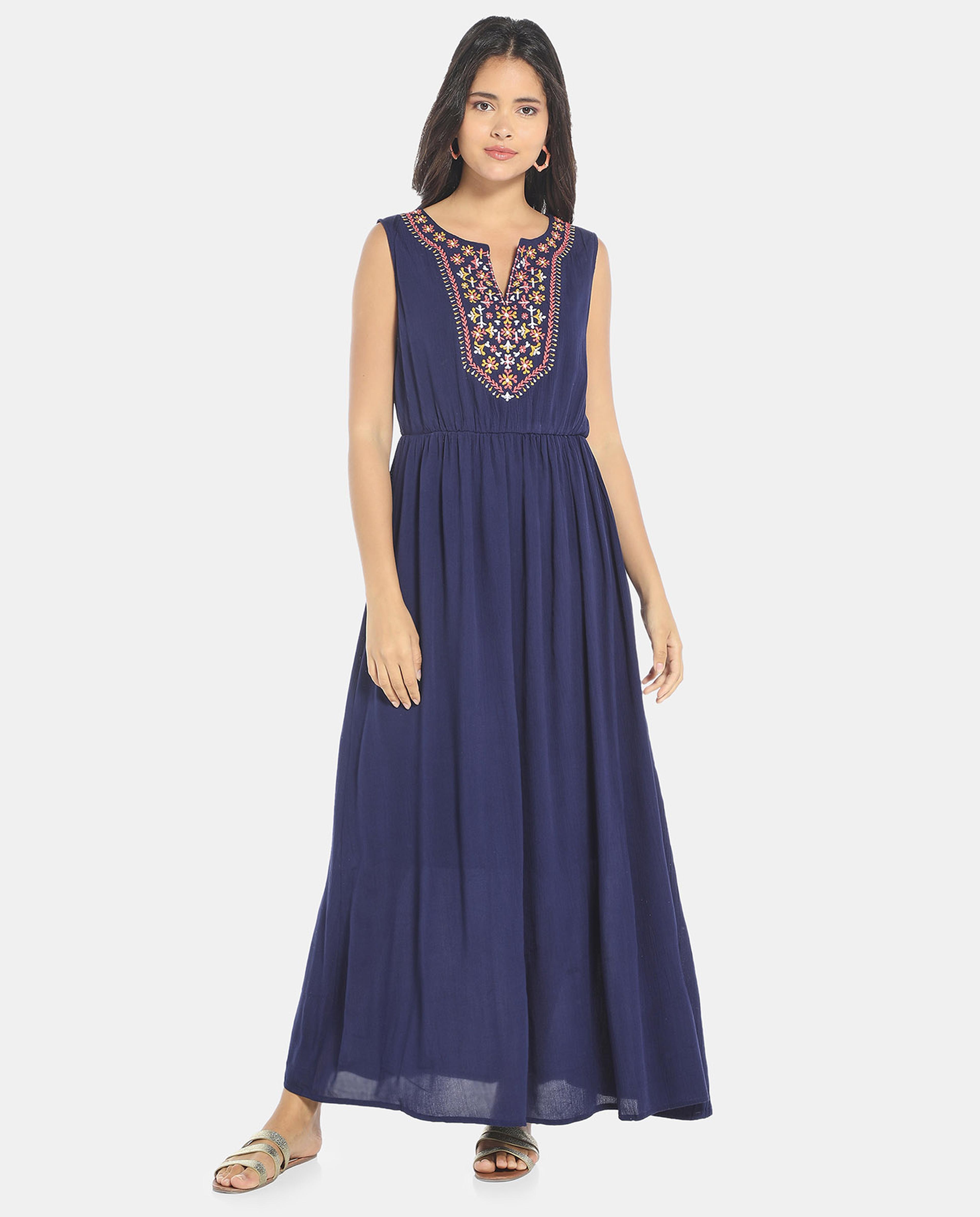 Blue Pleated Maxi Dress