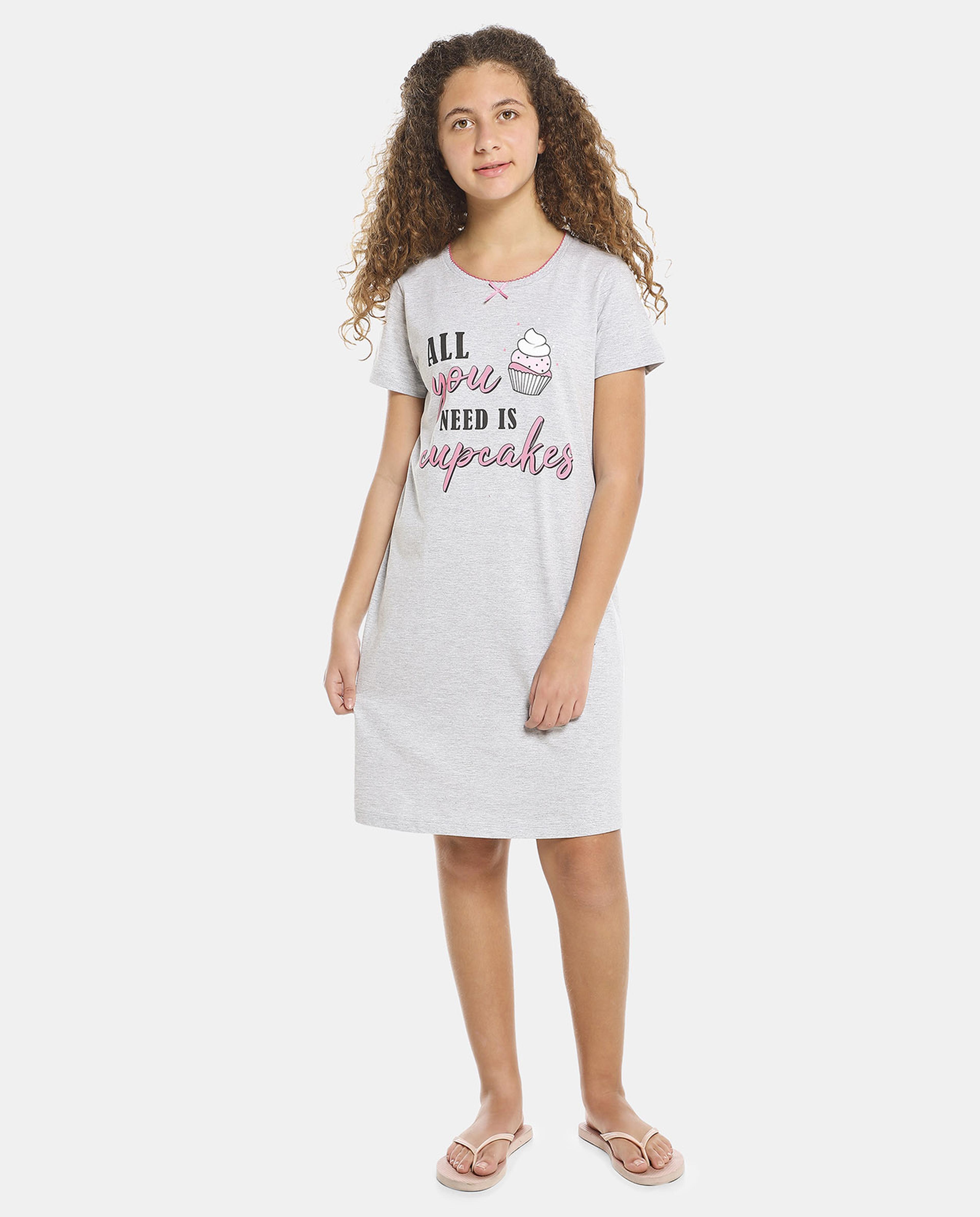 Grey Printed Ankle Length Night Dress